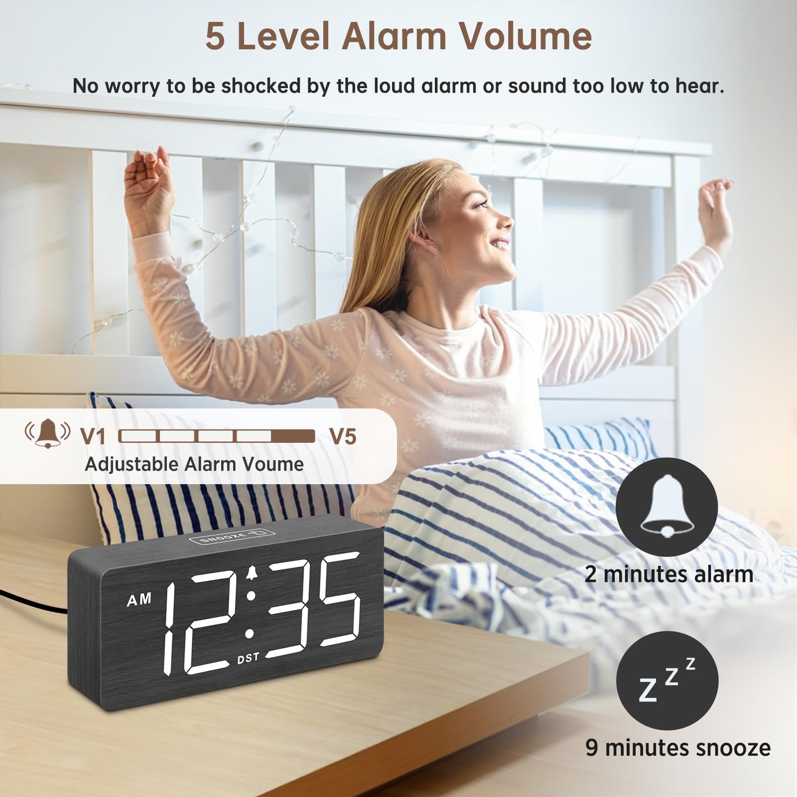 DreamSky Wooden Digital Alarm Clock for Bedroom - Loud Alarm Clock for Heavy Sleepers with Volume Control, Desk Clocks for Livin