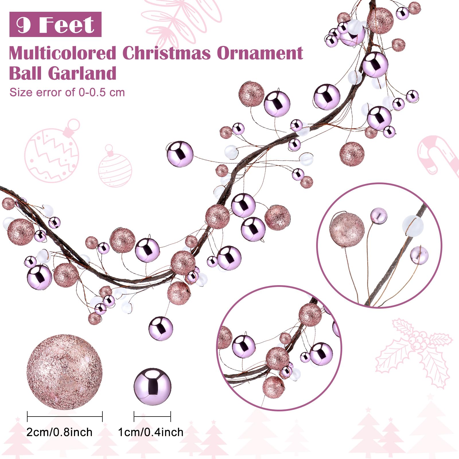 WILLBOND 9 ft Rose Gold Christmas Ball Garland Ball Ornaments Hanging Baubles Ornament for Xmas Christmas Tree Fireplace Wreath