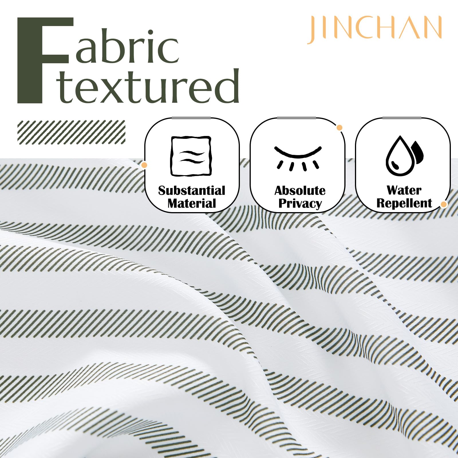 Jinchan White Shower Curtain With Greenblack Stripes Waterproof Fabric Shower Curtain For Bathroom Modern Neutral Farmhouse Show