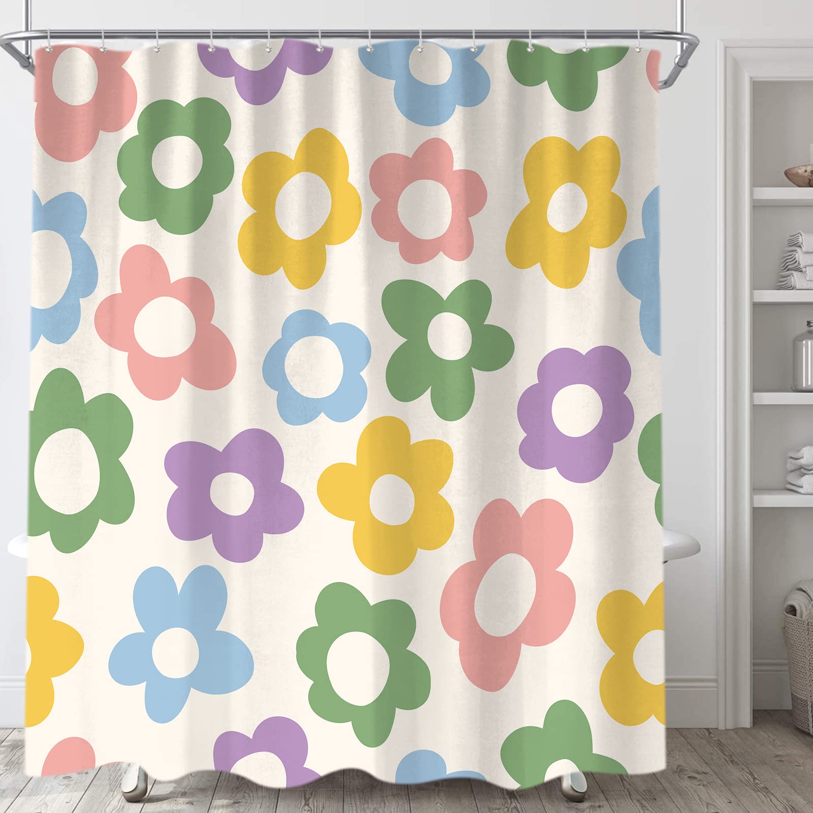 Sanzugh Cute Pastel Flower Shower Curtain, Boho Retro Floral 70S Aesthetic Fabric Shower Curtains Set For Girls Kids Bathroom Gr