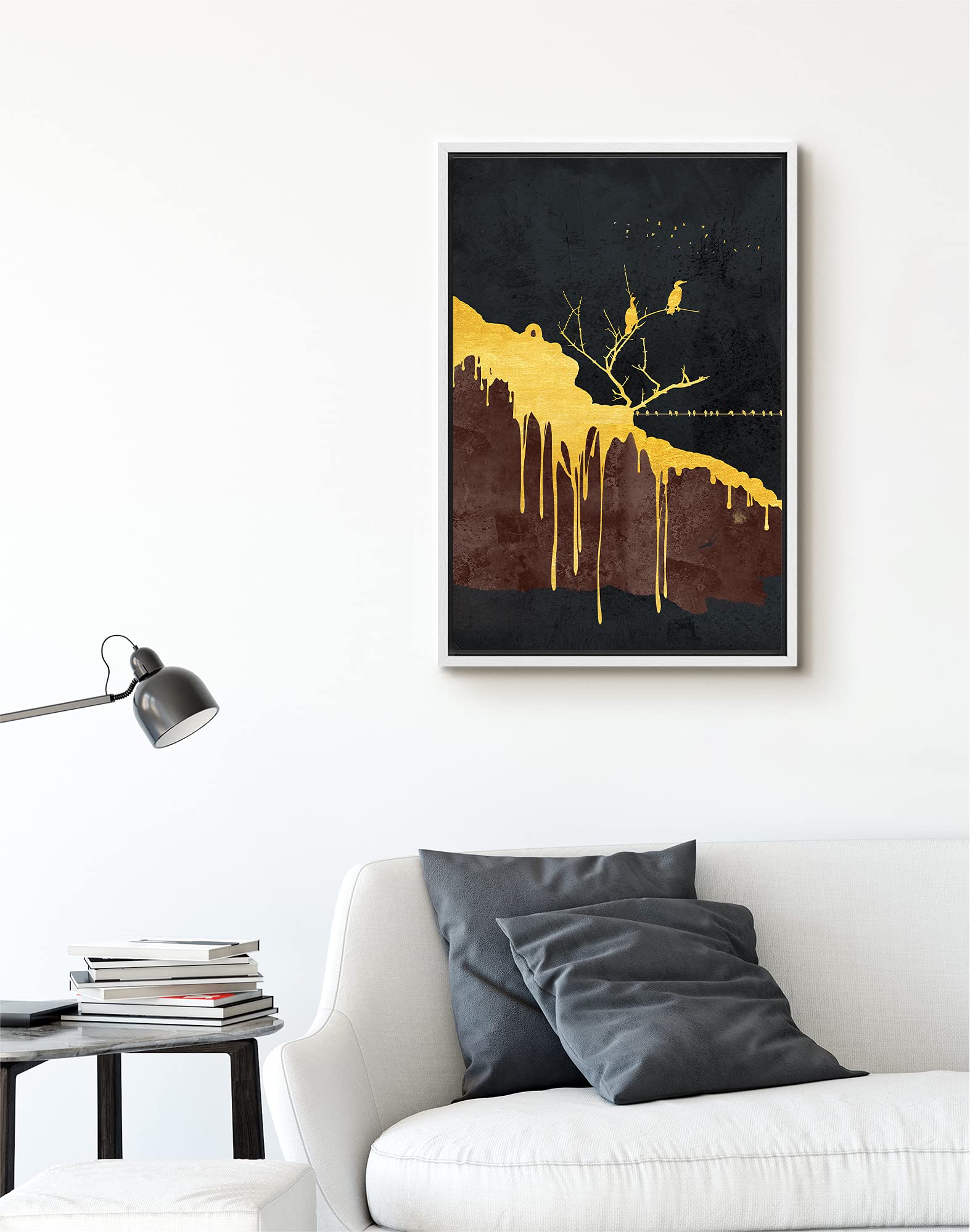 Signford Canvas Print Wall Art Dripping Gold Foil Tree With Birds On Branches Abstract Shapes Illustrations Modern Art Alternati