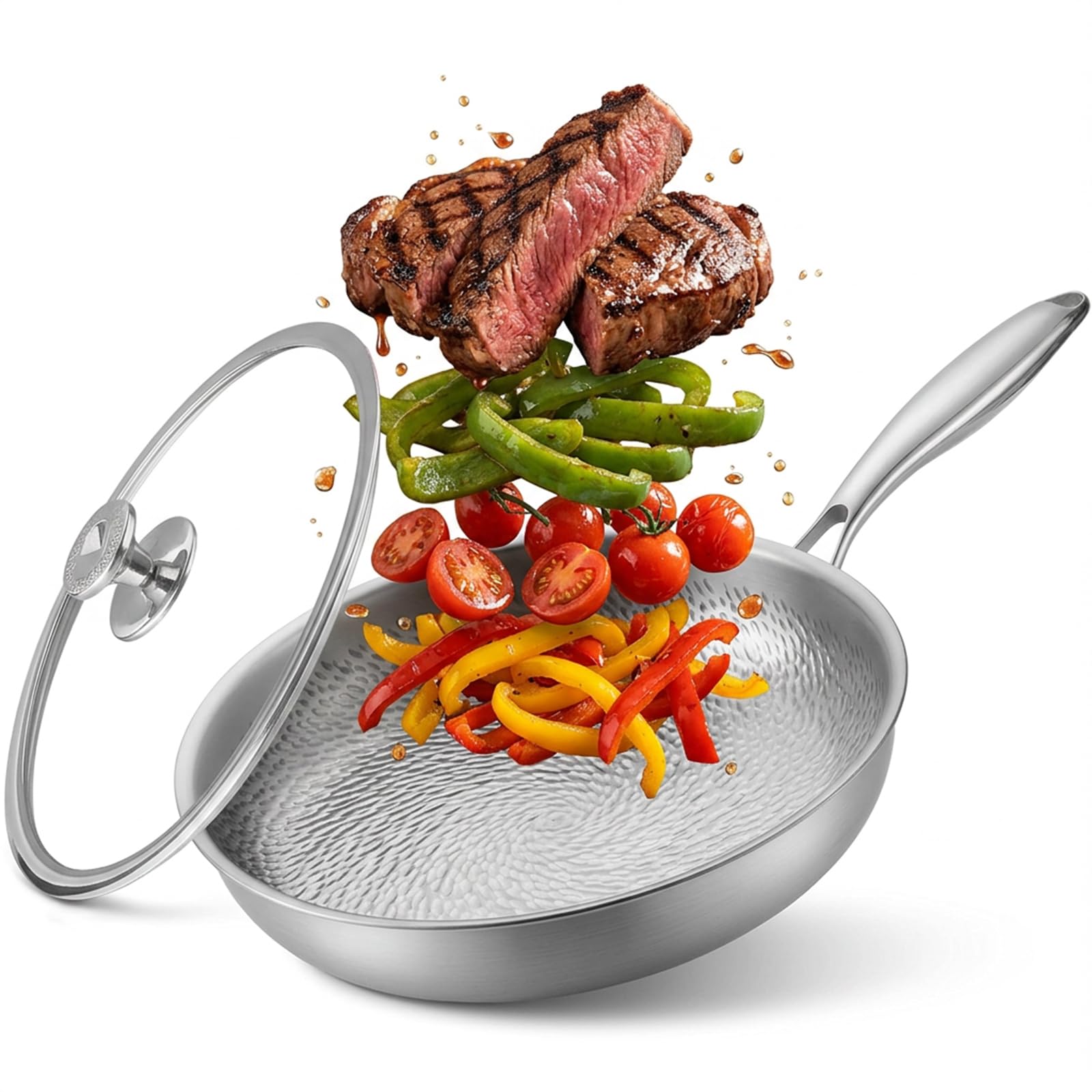 CYPHERTAN Titanium Frying Pan 11 Inch with Lid, Hammered Induction Skillet