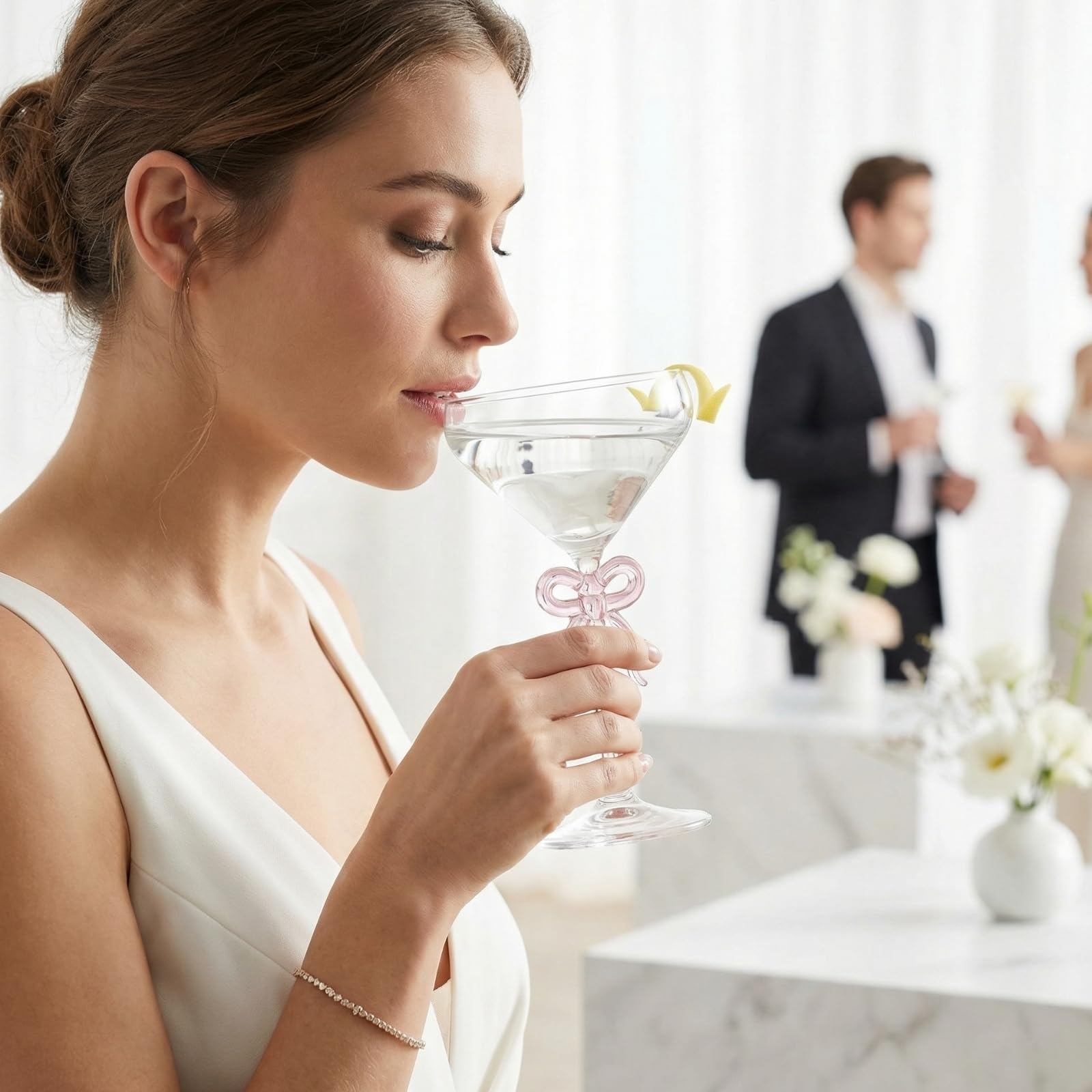 Single Clear Martini Glass with Pink Bow on Stem, One Piece