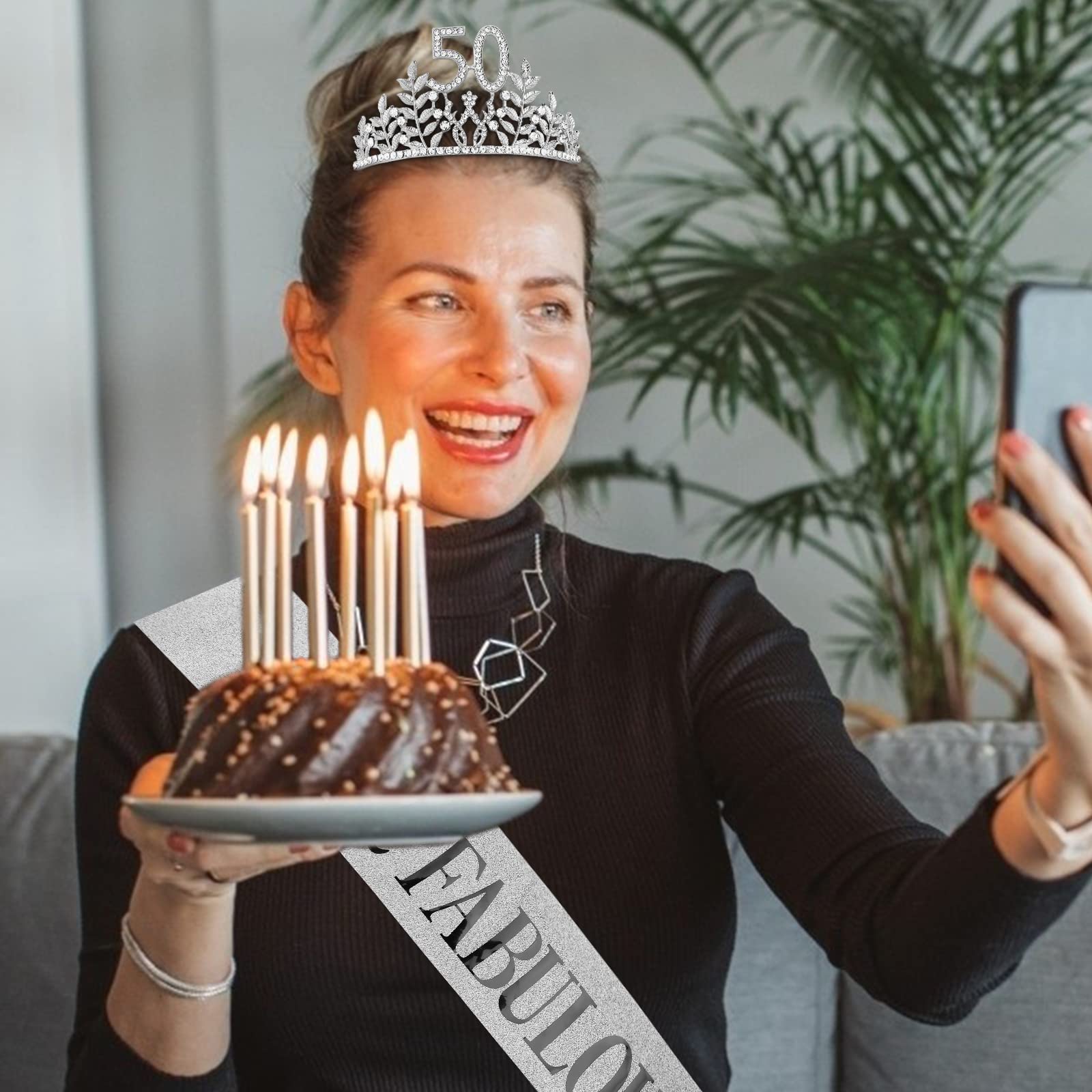 '50 & Fabulous '' Birthday Tiara And Sash Kit- 50Th Birthday Gifts For Women 50Th Birthday Party Supplies (Silver)