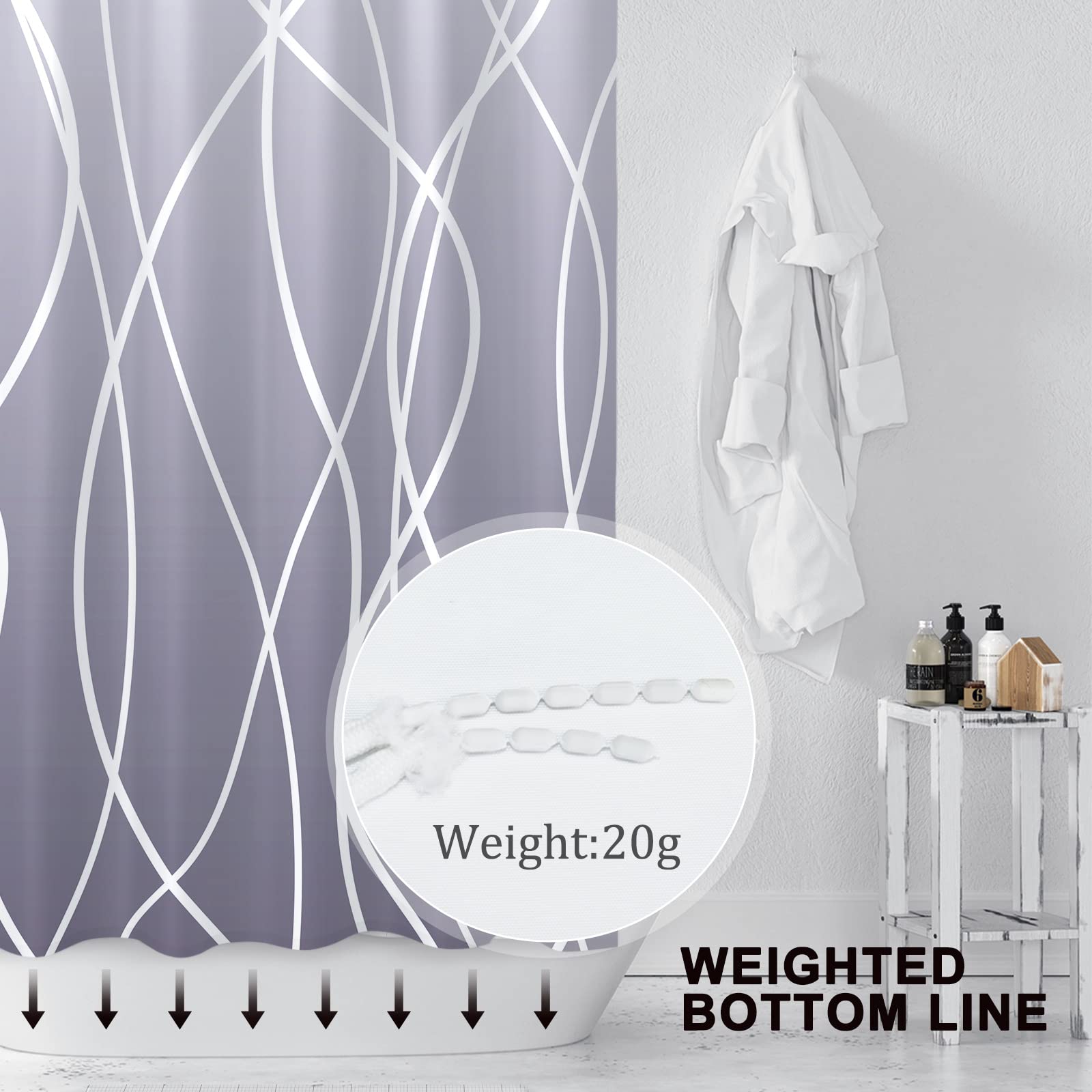 Punkray Ombre Purple Shower Curtain For Bathroom With Hooks,White Shower Curtain Set,Stripe Bath Curtains Decorative Shower Curt