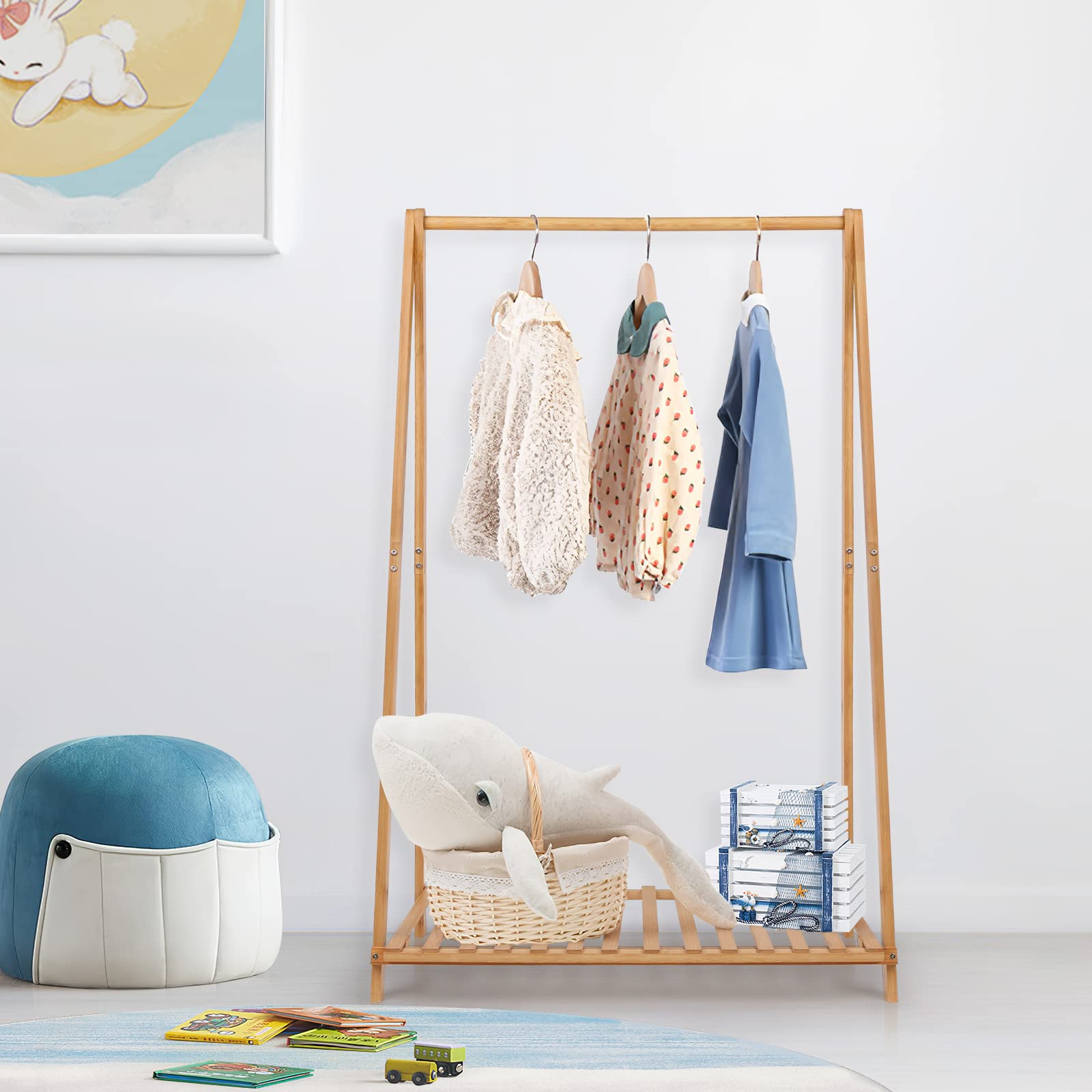 Jotsport Small Clothes Rack Kids Dress Up Storage For Playroom, Toddlers Bedroom, Bamboo Child Garment Rack With Storage Shelf,