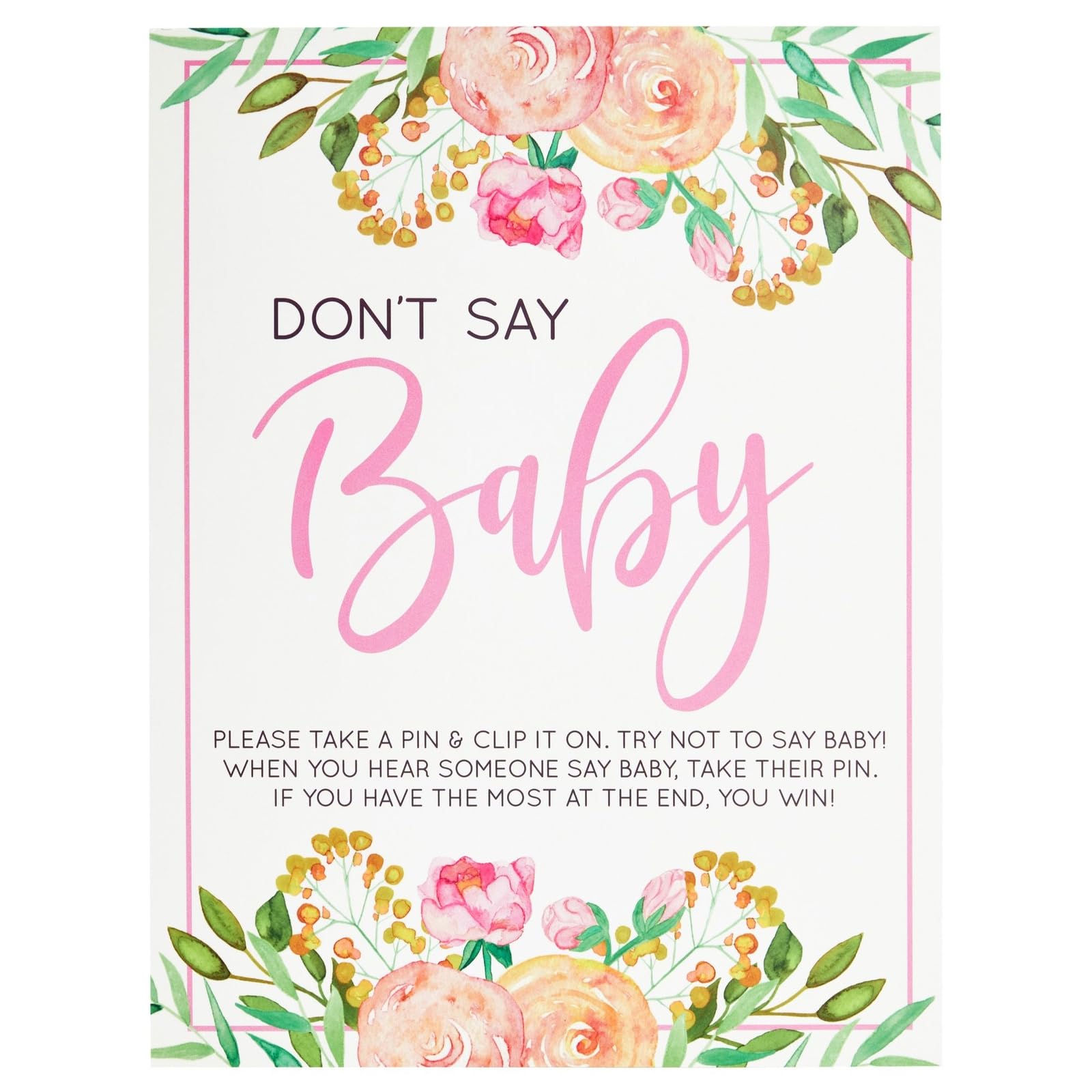 Floral Baby Shower Clothespin Game For Girl  Don't Say Baby Theme with 60 Pink Clothes Pins and 8x10-Inch Sign