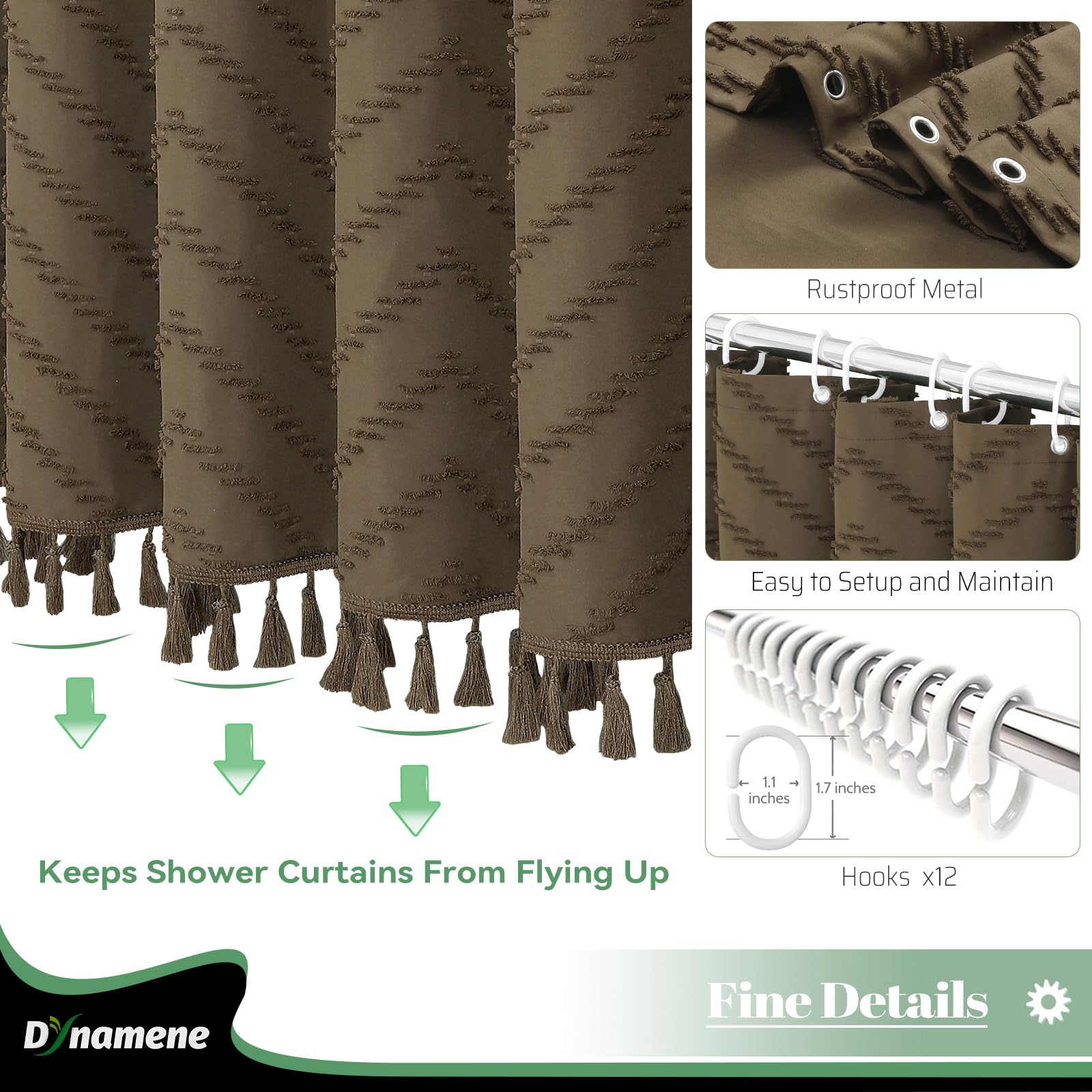Dynamene Boho Farmhouse Shower Curtain, Brown Fabric Tufted Chevron Striped Textured Tassel Shower Curtains For Bathroom, Shabby