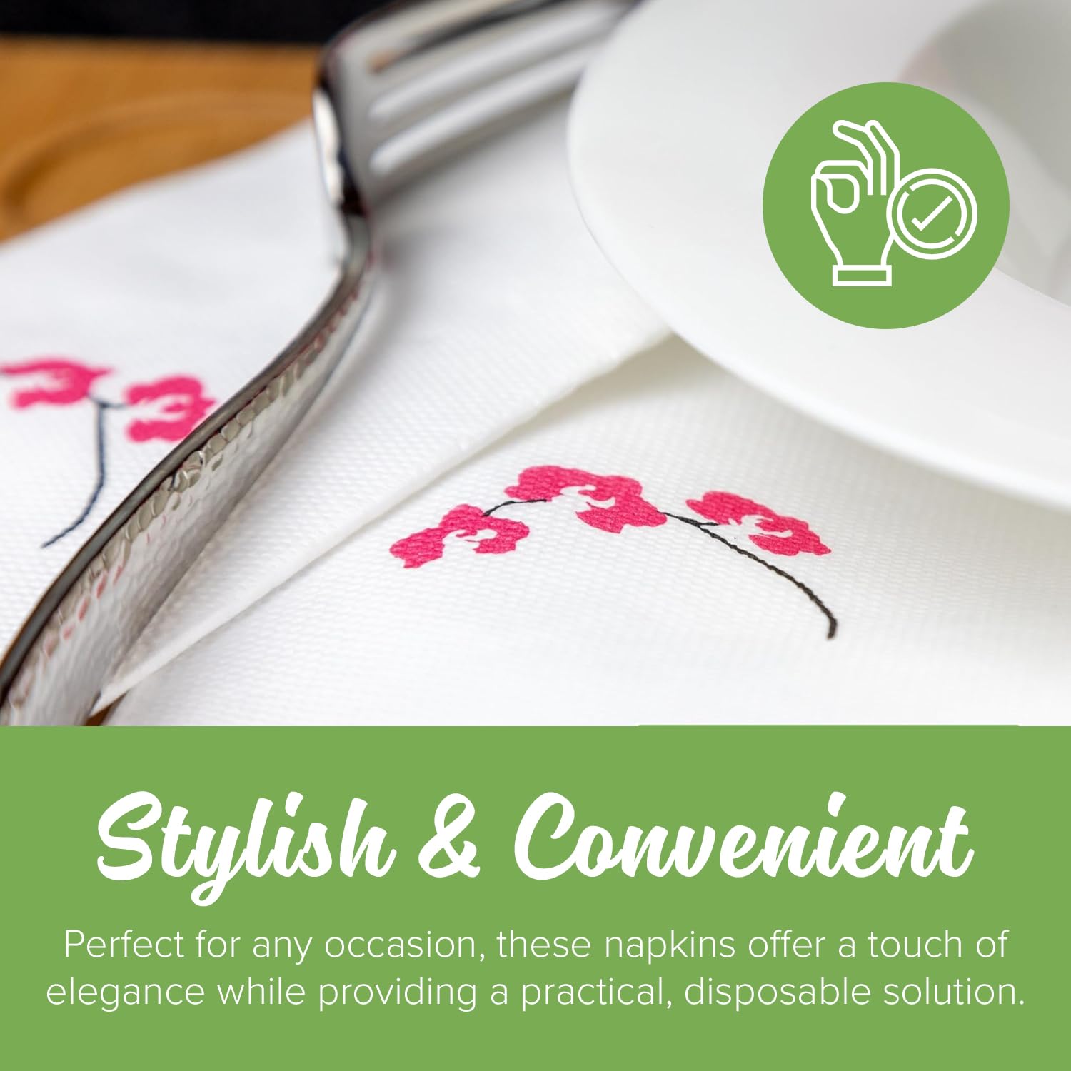 SimuLinen ClassicPoint White Disposable Dinner Napkins - Everyday Paper Napkins & Biodegradable Nice Napkins for Parties  Showers  Luncheons - White With Pink Orchid - (15.5''x15.5'' - Pack of 50)