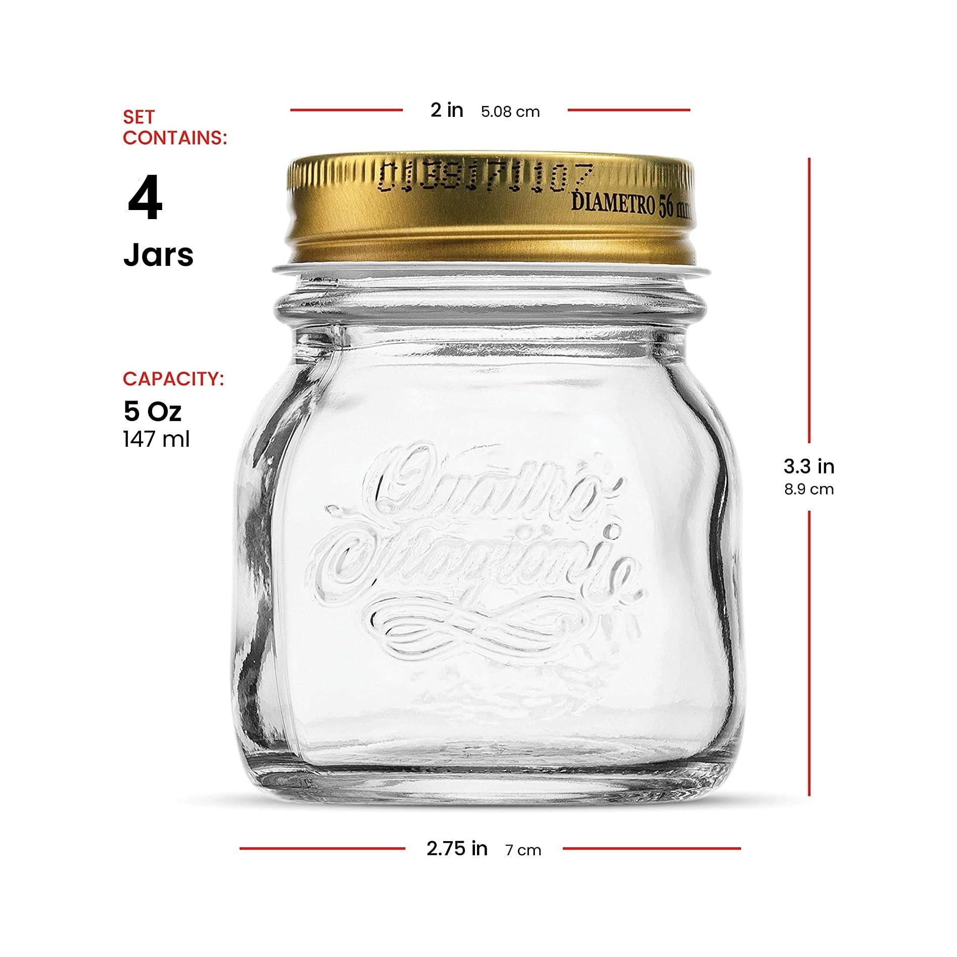 Bormioli Rocco Quattro Stagioni Set Of 4 Clear Airtight Mason Jars, 5 Oz. Made From Bpa Free Durable Glass, Made In Italy.