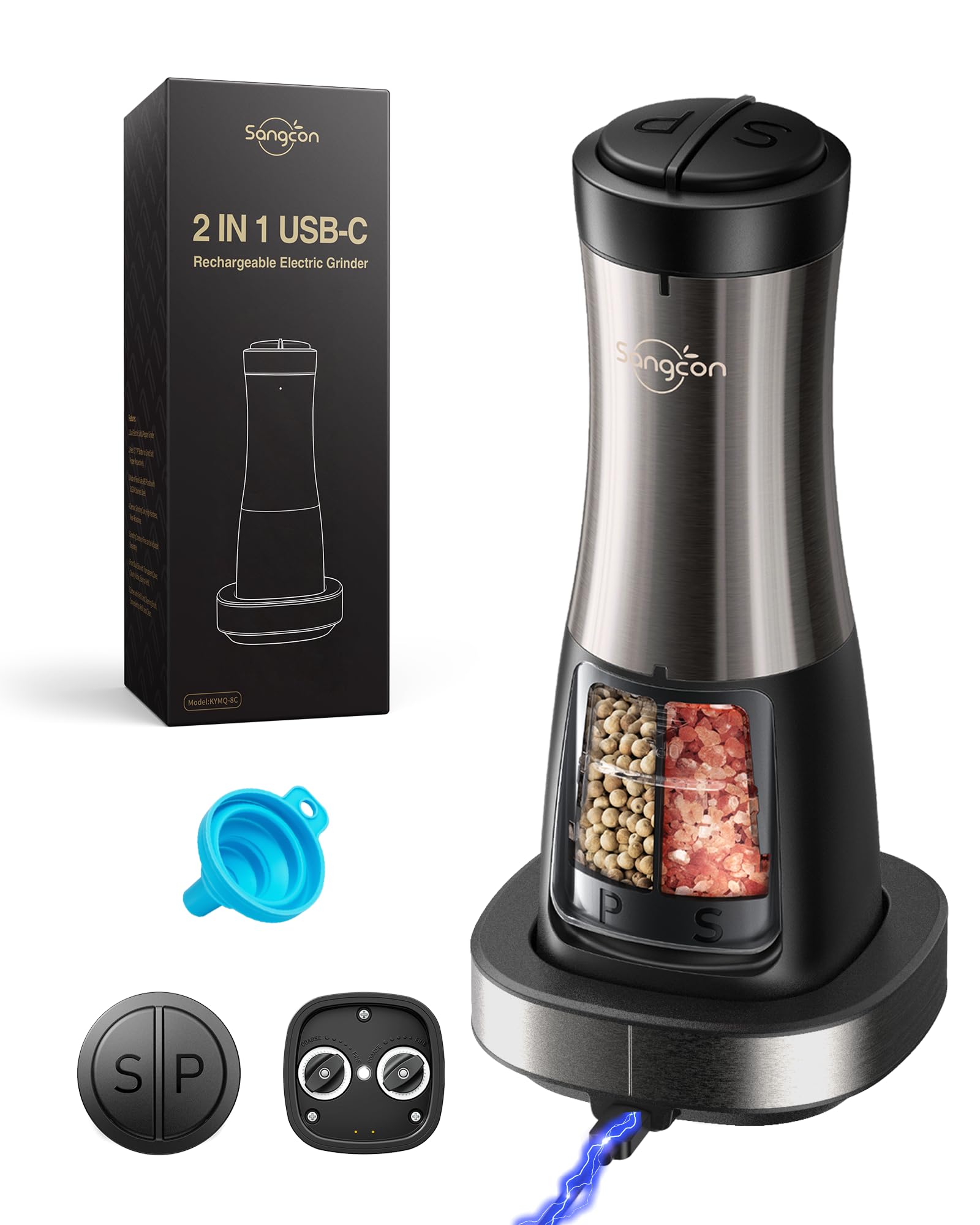 Sangcon Electric Salt and Pepper Grinder Set Shaker 2 IN 1 - USB RECHARGEABLE Salt and Pepper Mill with Charging Base, Adjustabl