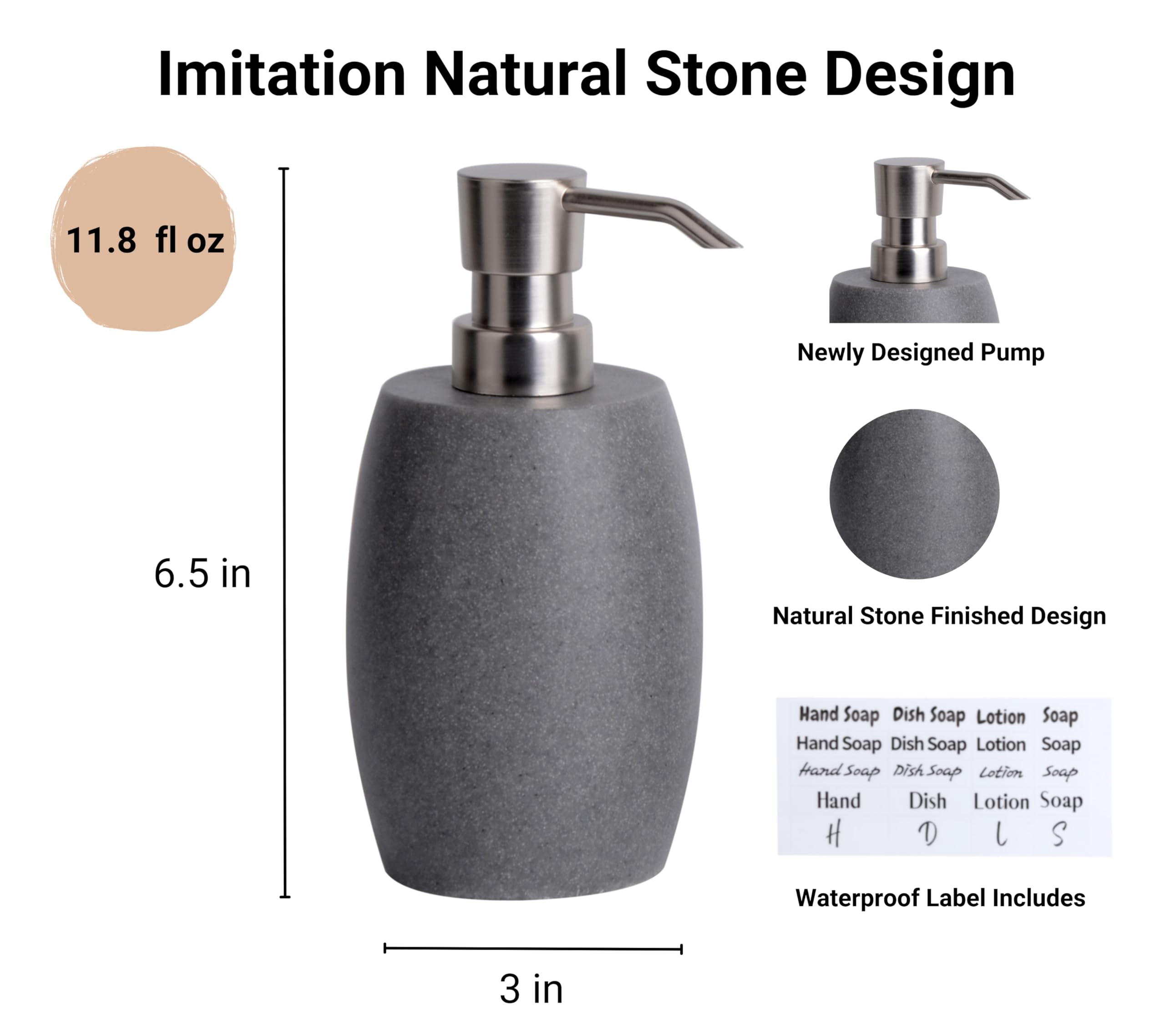 Clasin Home Sandstone Textured Resin Soap Dispenser With Metallic Pump And Waterproof Bottle Labels For Bathroom Kitchen Dish Ha
