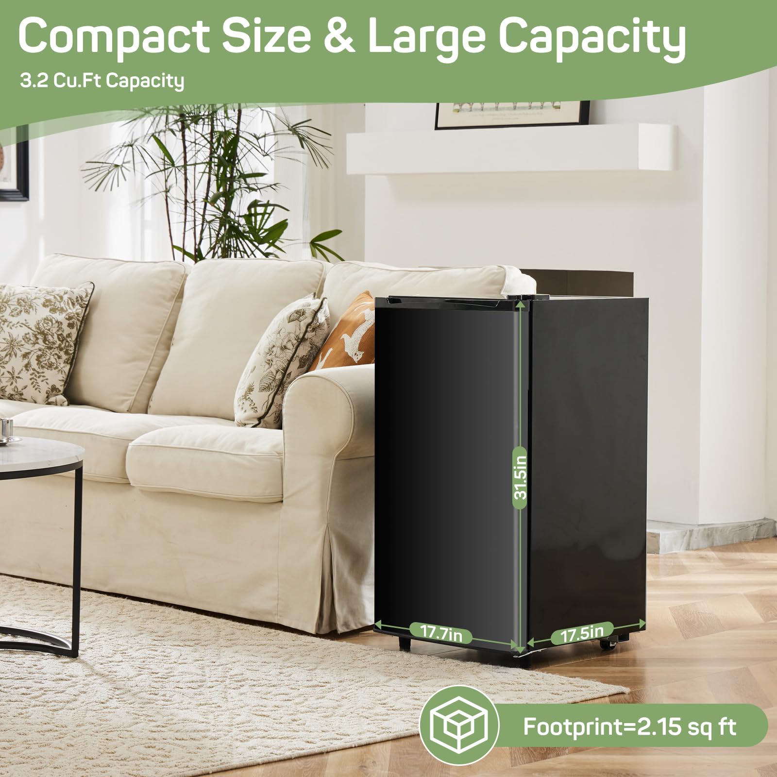 Zibbizo Upgraded Mini Fridge For Bedroom 3.2 Cu.Ft Small Refrigerator With Freezer For Dorm Office, Compact Single Door Adjustab
