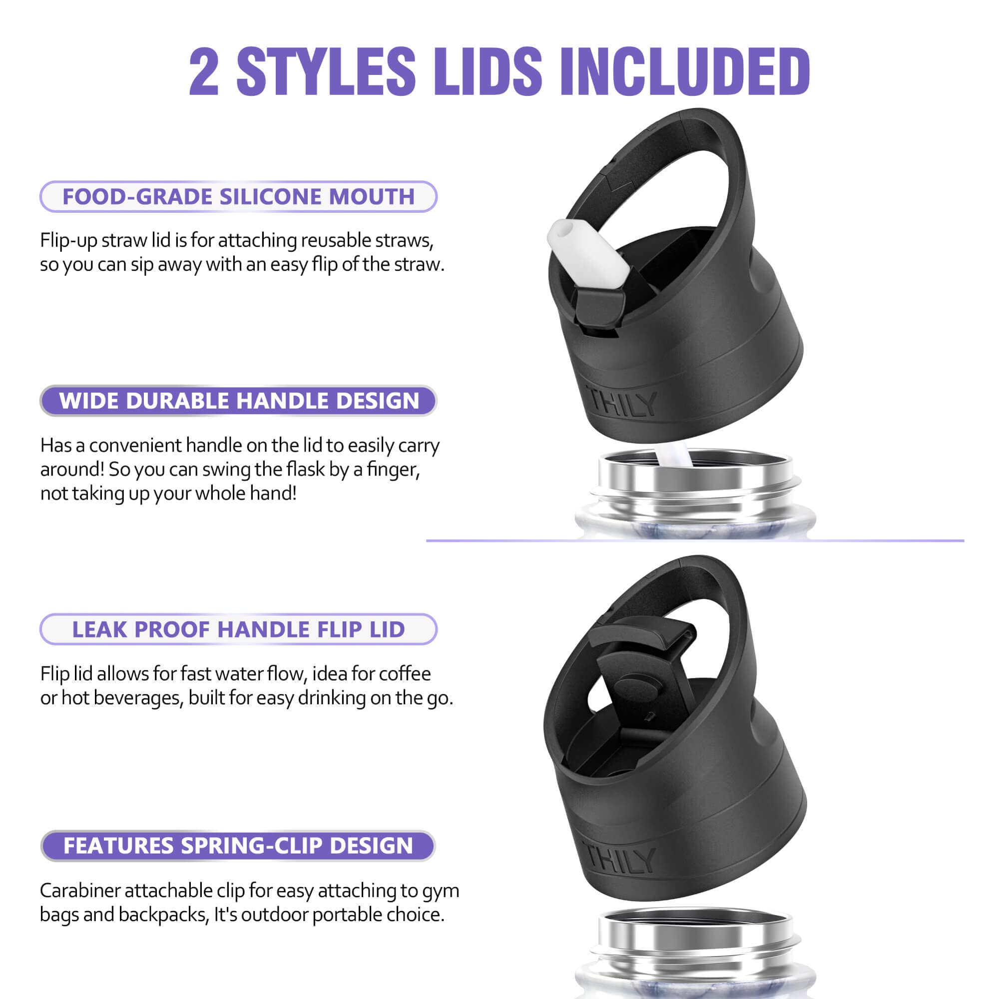 Thily Stainless Steel Insulated Water Bottle Triple Insulated 32 Oz Leakproof Wide Mouth Water Flask With 2 Lids And Straws, Kee