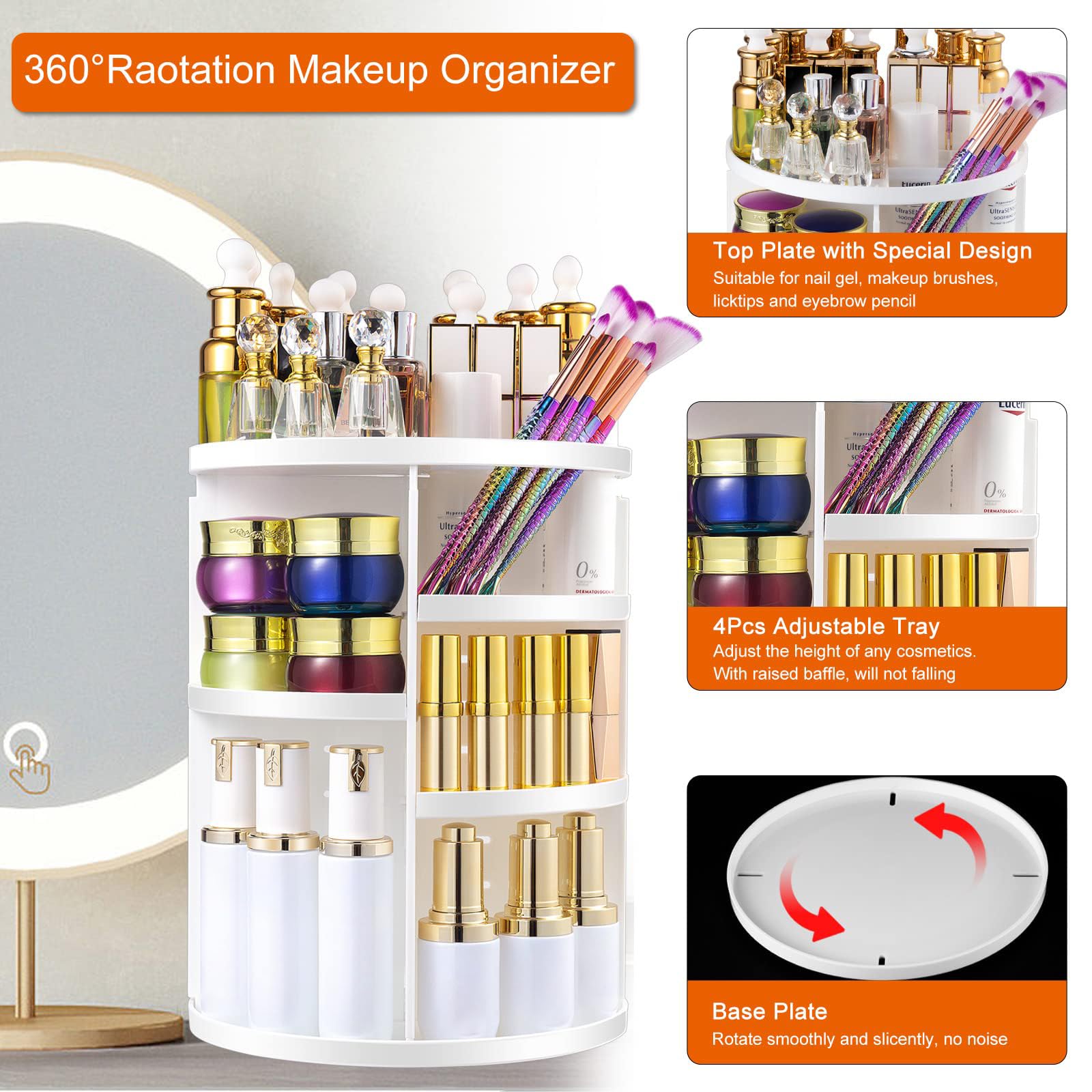 sanipoe 360 Makeup Organizer  DIY Detachable Spinning Cosmetic Makeup Caddy Storage DIsplay Bag Case Large Capacity Makeup Box Acrylic Vanity Organizer Box  Great for Countertop and Bathroom  White
