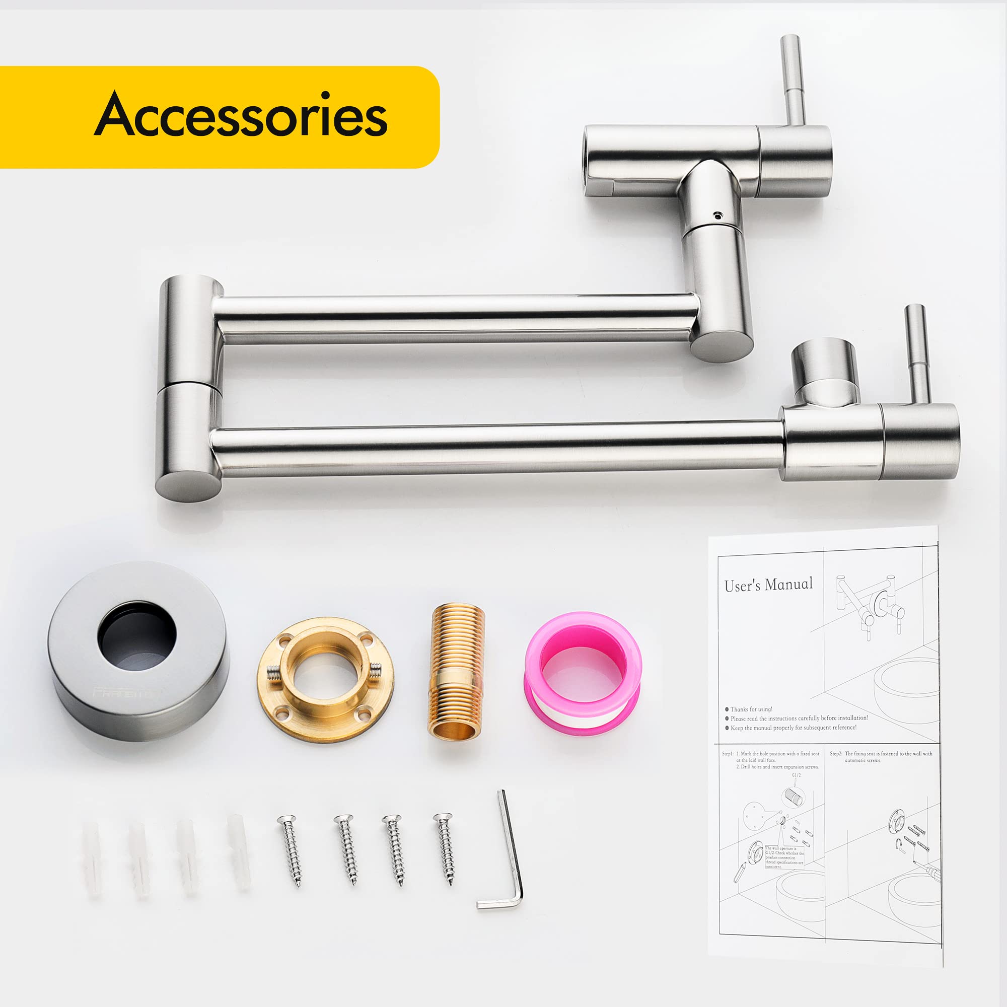 Fransiton Brushed Nickel Pot Filler, Pot Filler Faucet Wall Mount, Brass Folding Stretchable With Double Joint Swing Arm Single
