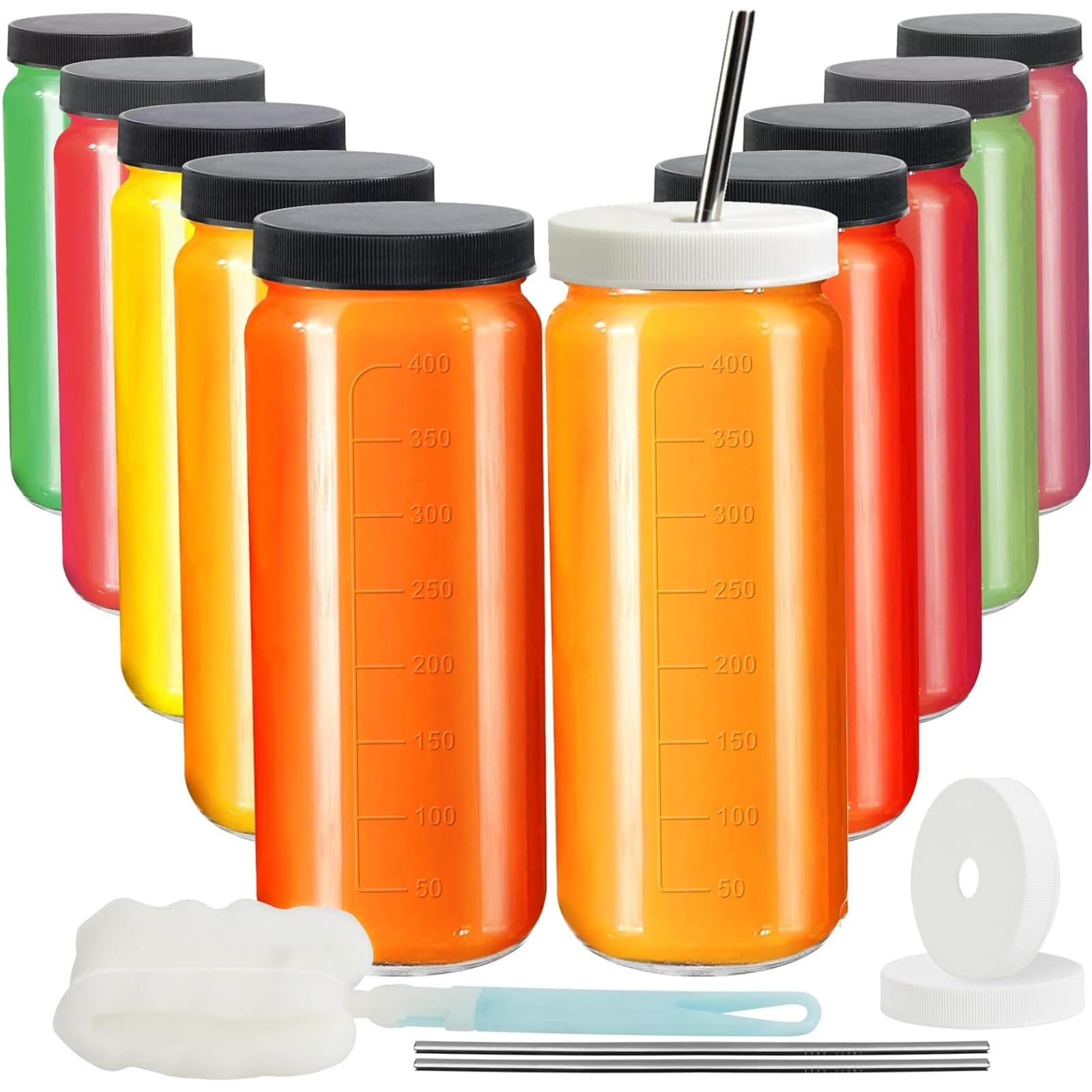 Ruckae 16Oz 10 Pack Juice Bottles, Glass Bottles With Lids, Smoothie Cup Lids And Straws, Water Bottle Mason Jar Drinking Glasse