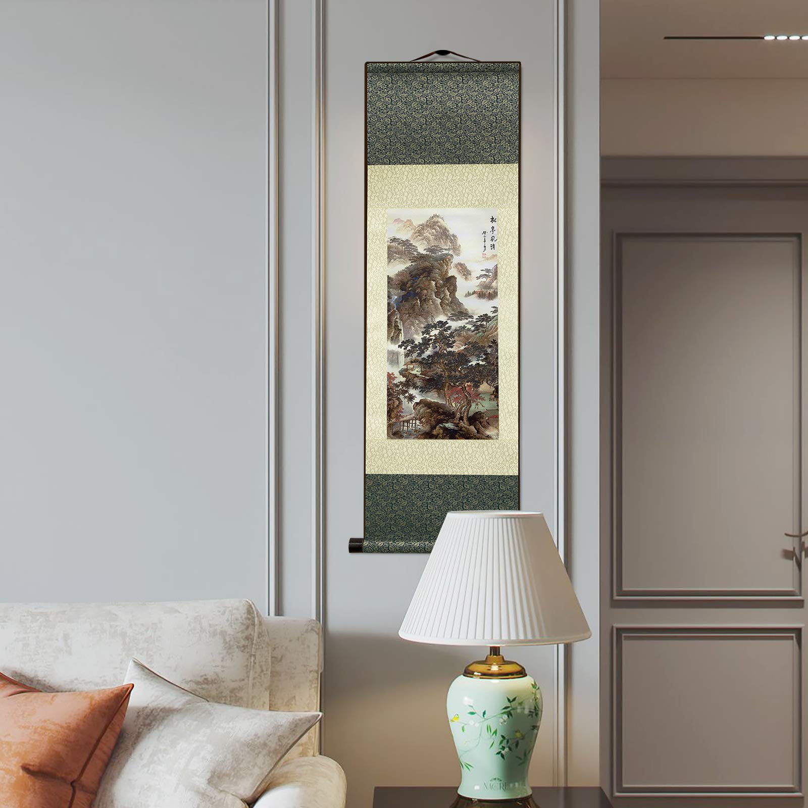 AtfArt Asian Wall Decor Beautiful Silk Scroll Painting Waterfall River Landscape Painting - Songting Qingfeng Oriental Decor Chinese Art Wall Scroll Wall Hanging Painting Scroll (39 x 12 in)
