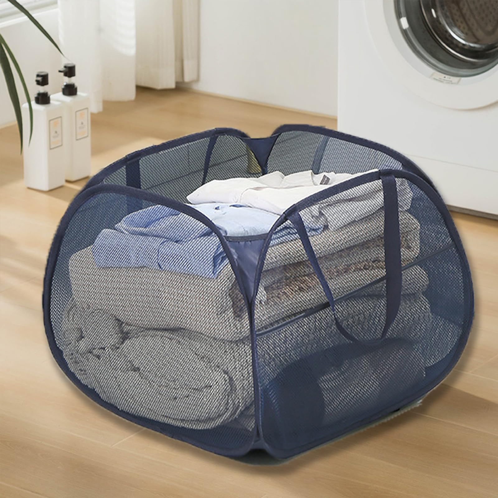 Kimmama Collapsible Mesh Laundry Basket,Foldable Pop Up Laundry Hamper With Side Pocket,Removable Clothes Storage Bin With Handl