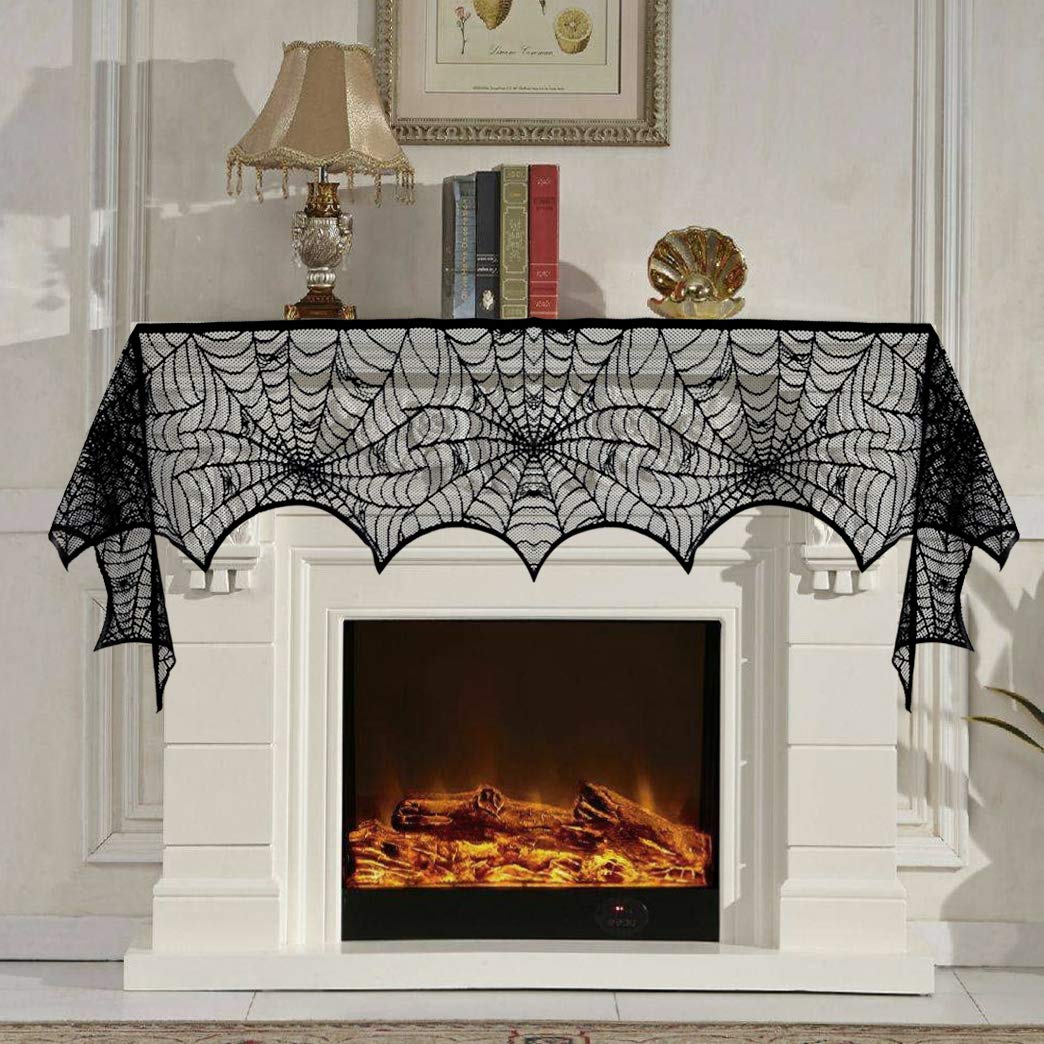 5Pack Halloween Decorations Tablecloth Runner Black Lace Round Spider Cobweb Table Cover Fireplace Mantel Scarf Spiderweb Firepl