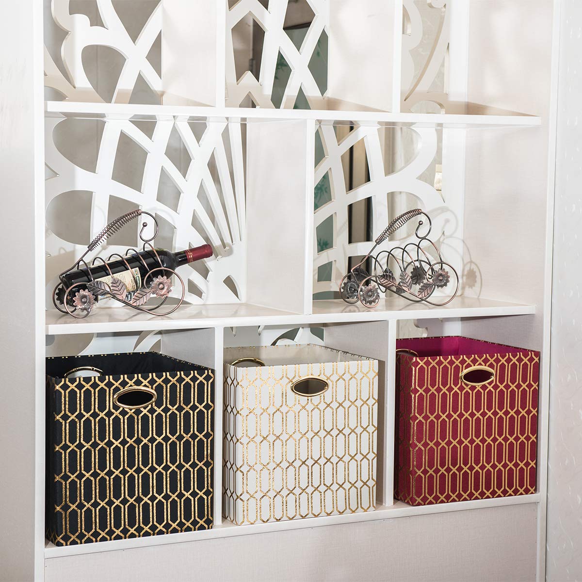 Storage Bins, Storage Cubes, Posprica 11  11 Fabric Drawers Organizer Basket Boxes Containers (11  11  11/4Pcs, Cream/Gold Geome