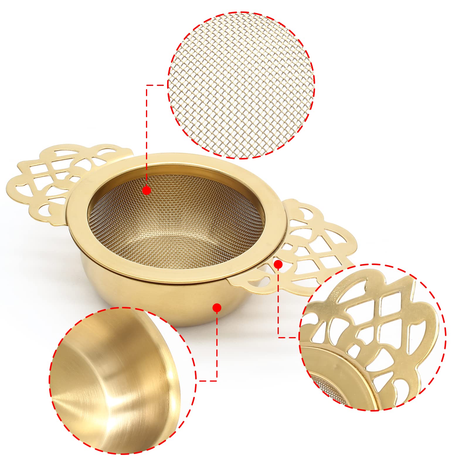 Bonsicoky Stainless Steel Tea Strainer Bowl, 2 Pack, Gold, Fits 2.5-4 Inch Cups, Model JR221227025