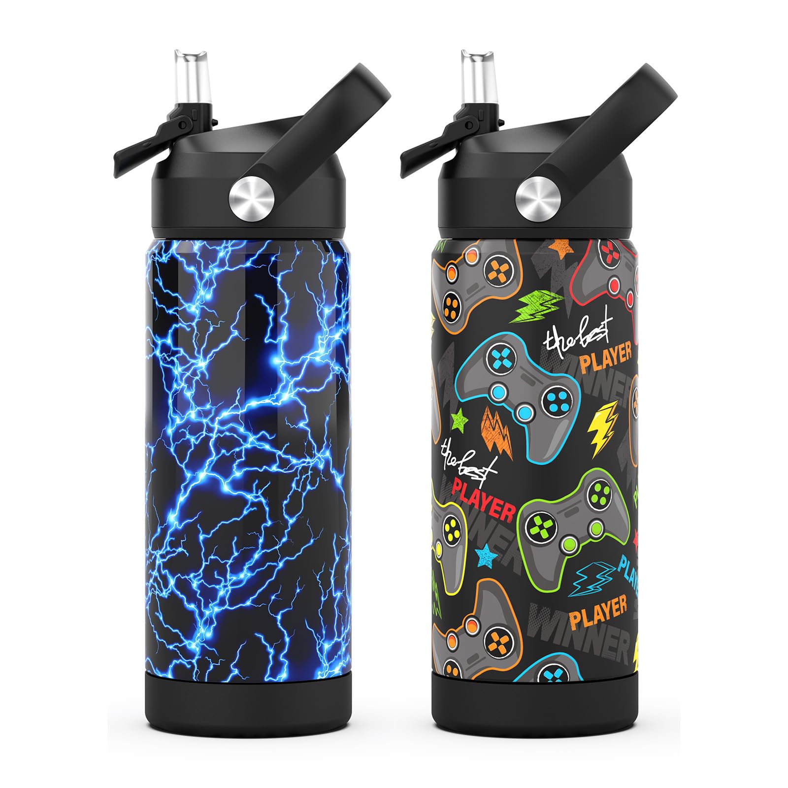 Ntswasd Boys Water Bottle with Straw,18 oz Kids Insulated Cups with Stainless Steel Leak Proof for School,Sport&Travel(2pack,Lig
