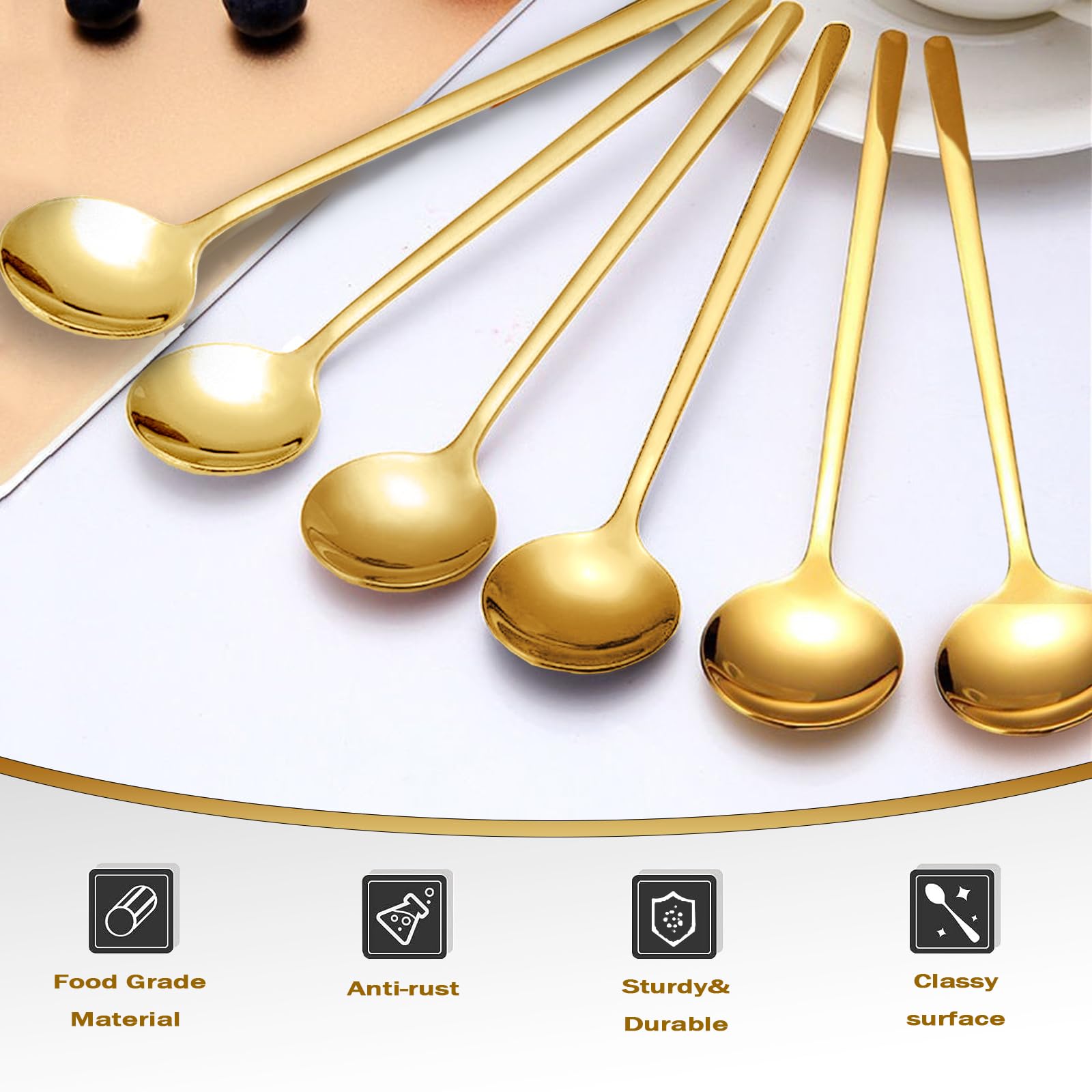 6 Pcs 6.7 Inches Coffee Spoons, Teaspoons, Long Handle Iced Tea Spoon, Espresso Spoons, Gold Spoons, Dessert Spoons, Food Grade