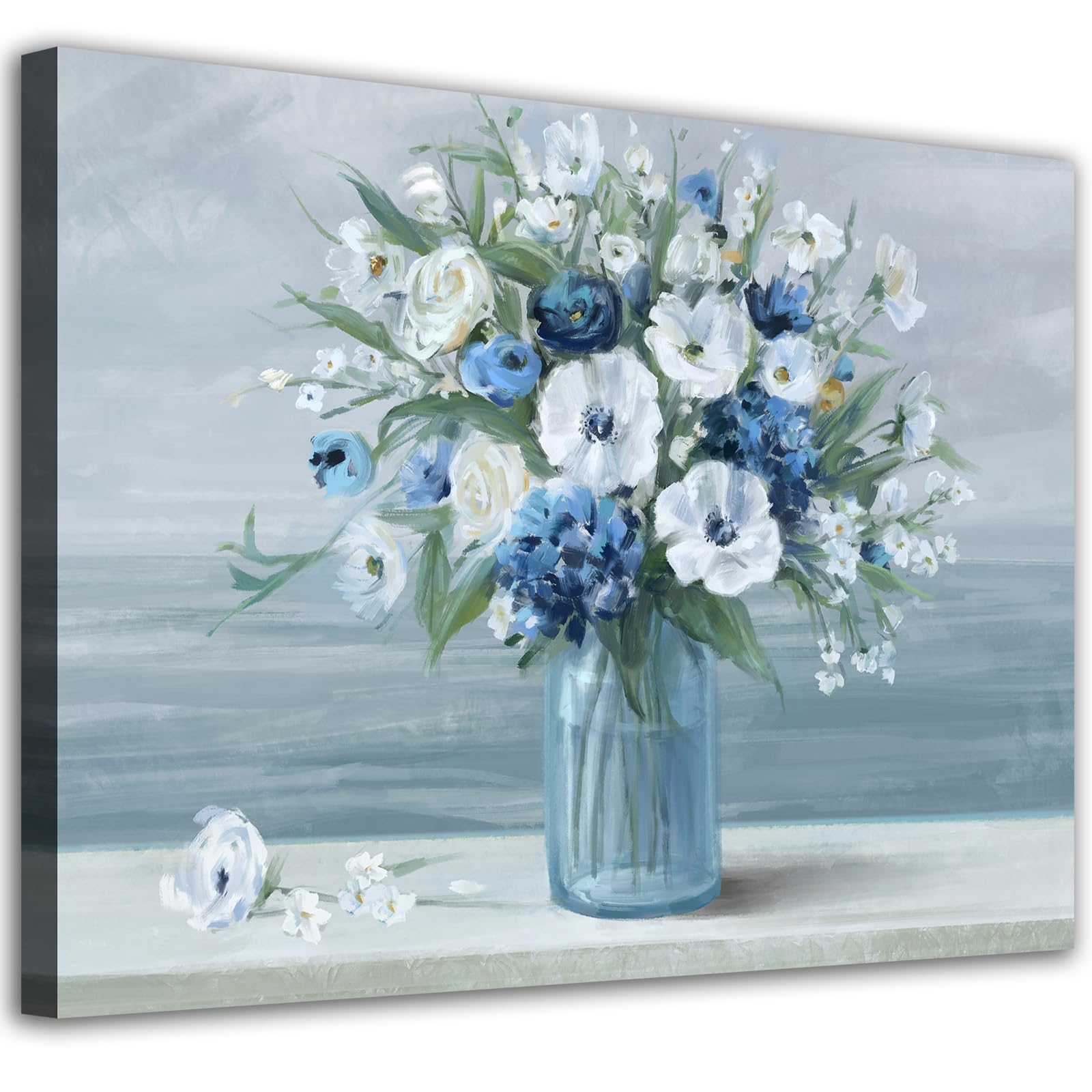 Vintage Flowers Canvas Wall Art Blue White Blossom Canvas Painting Retro Flowers In Vase Canvas Pictures Blue Ocean Seagull Back