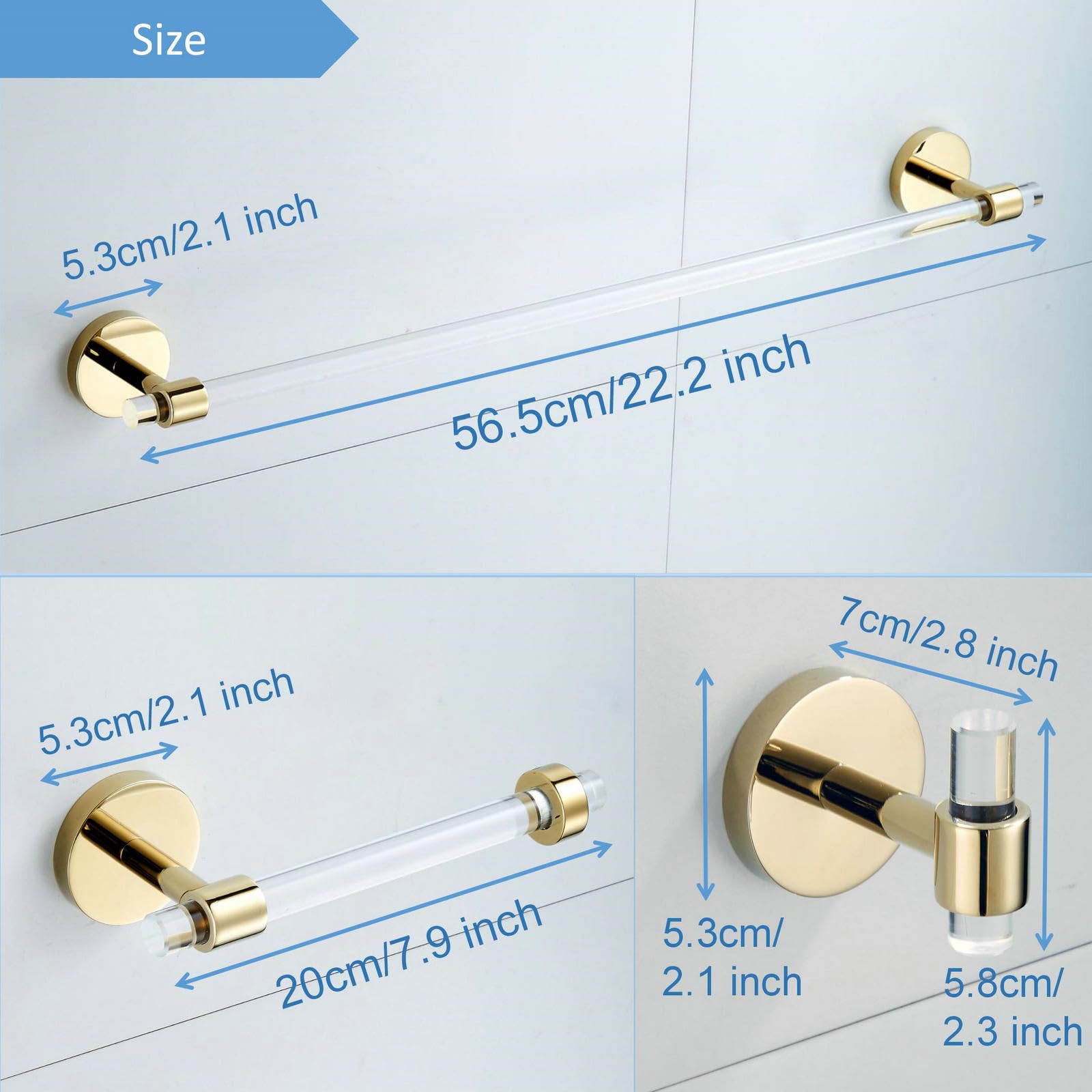 Bathroom Accessories Set Acrylic Gold - Towel Bar Rack Toilet Paper Holder Towel Hook - Wall Mounted Bathroom Hardware Set 3 Pie