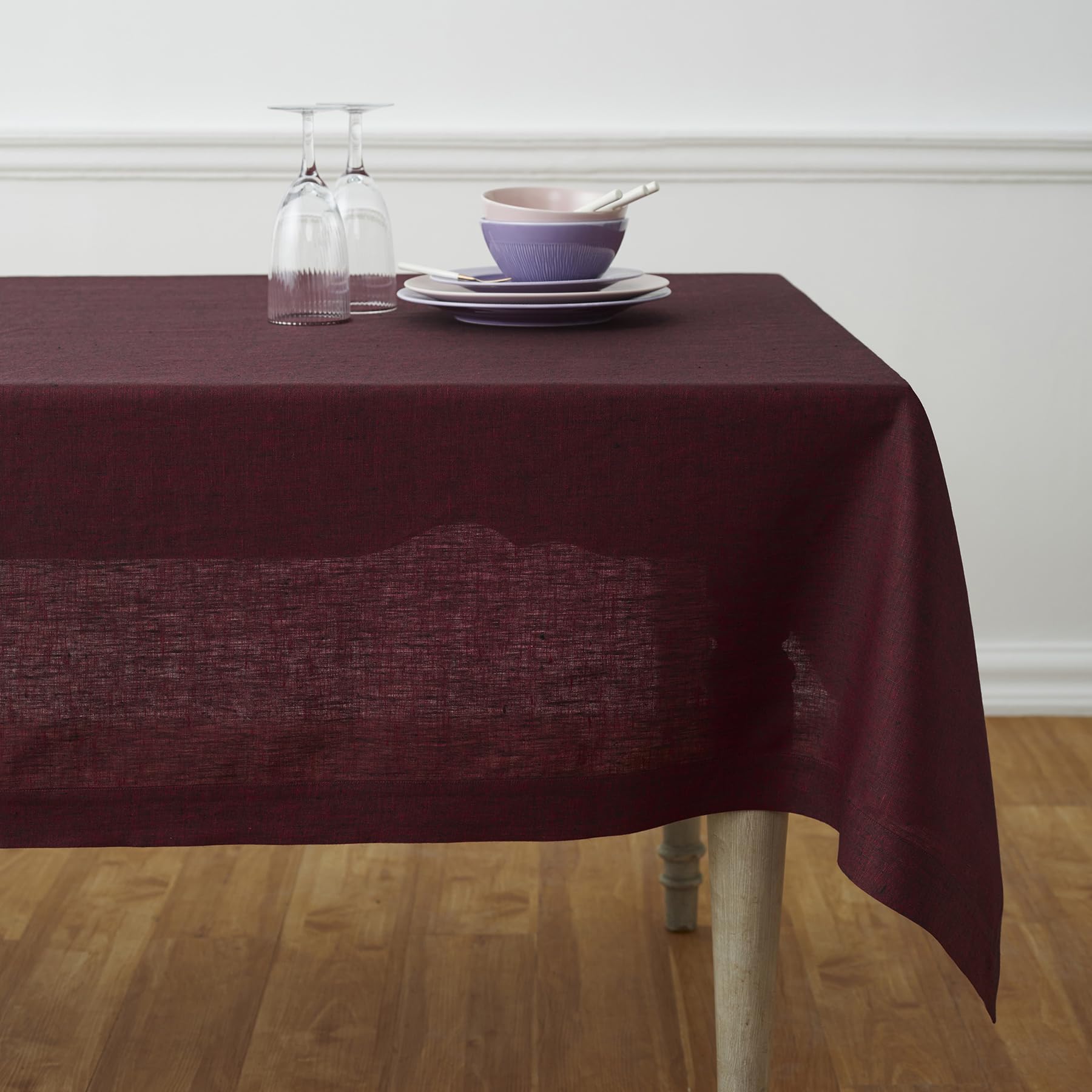 Solino Home Linen Tablecloth 144'' L X 60'' W Inch - 100% Pure Linen Red Garnet Table Cloth For Rectangle Tables - Athena, Machi