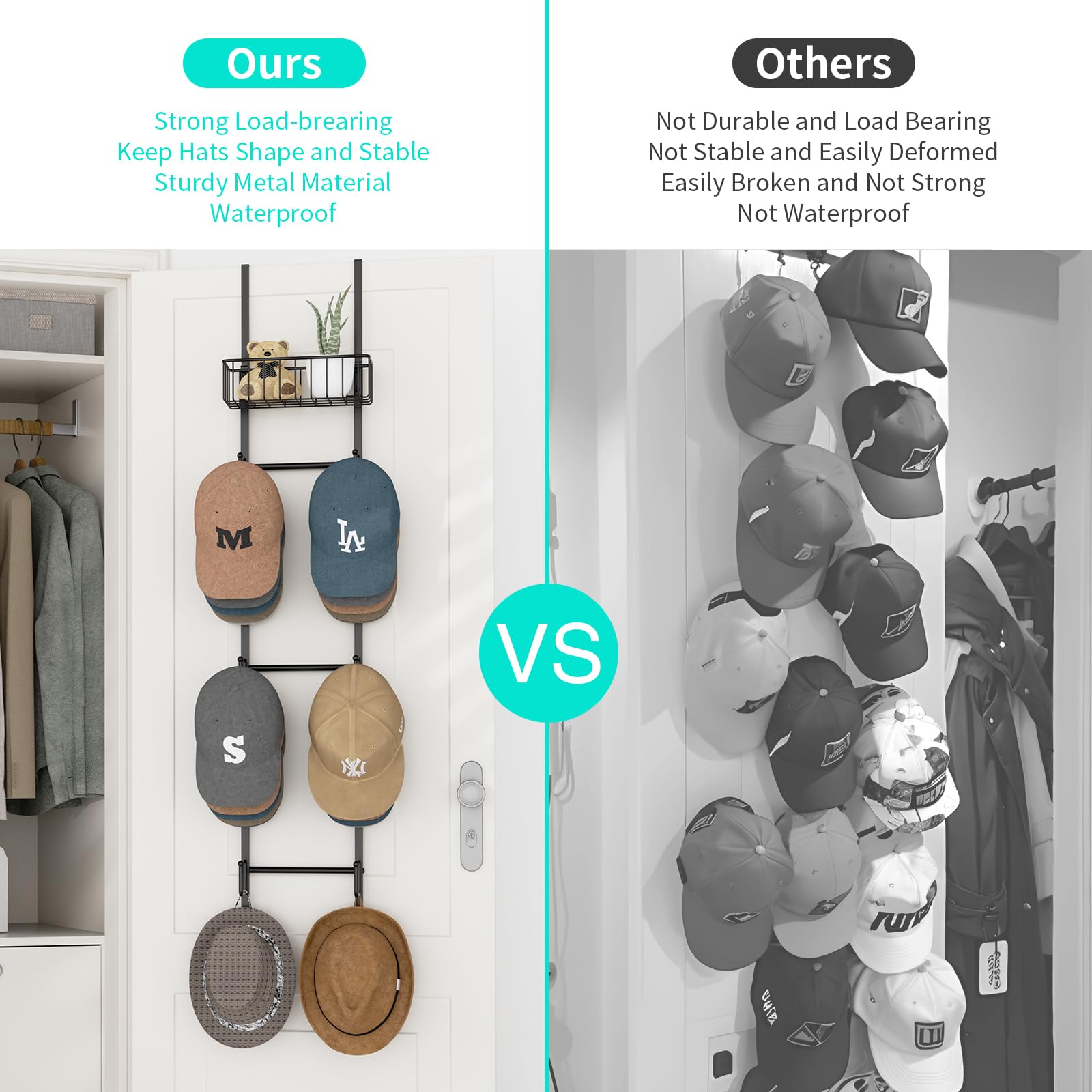 Hapirm Over Door Hat Rack - Hat Organizer For Baseball Caps, Wall Mounted Hat Holder With 6 Hat Hooks And Metal Basket Design, H