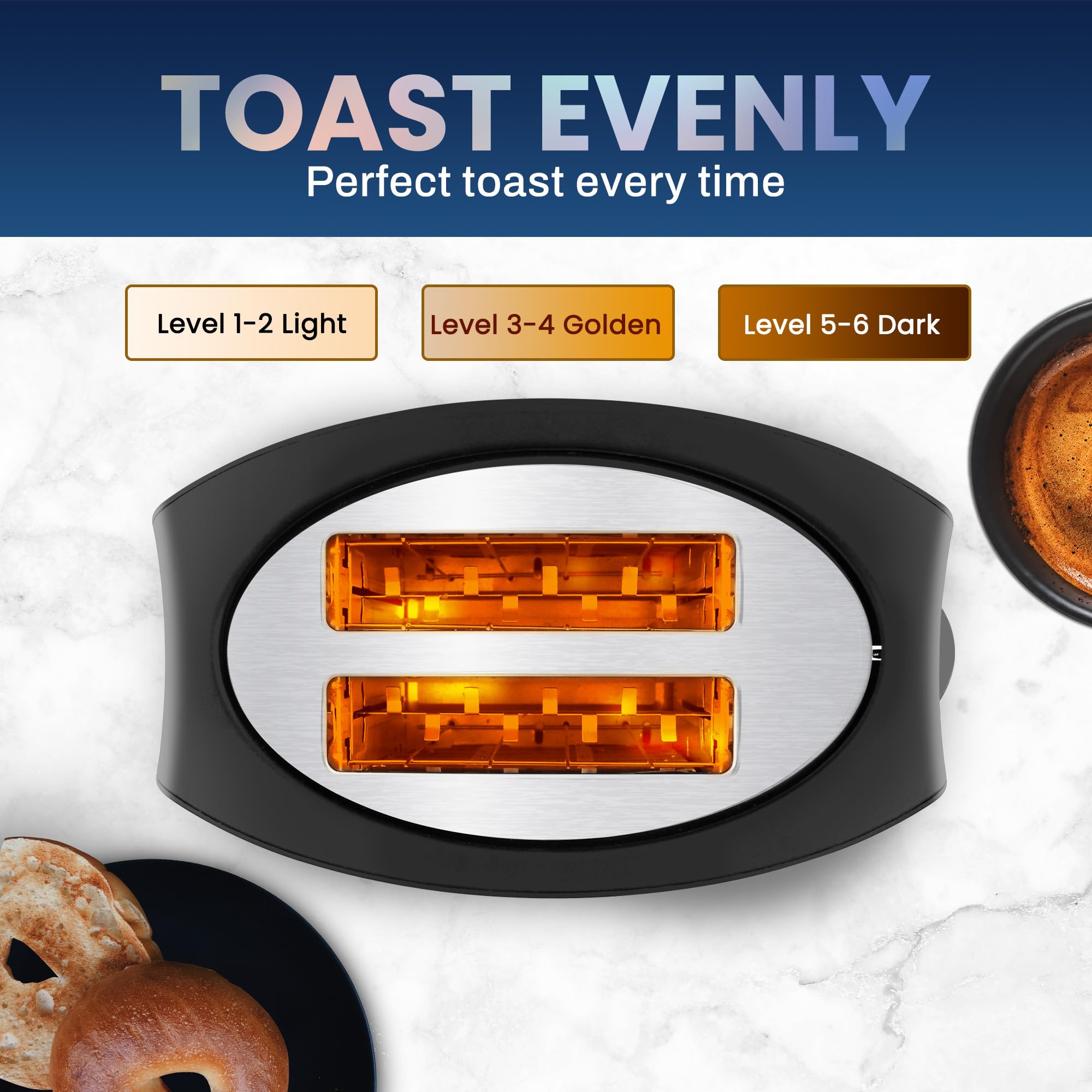 Elite Gourmet Ect2428 Extra Wide 1.25    Slot 2-Slice Toaster, Cancel, Defrost And Bagel Functions, 6 Toast Settings, Slide-Out