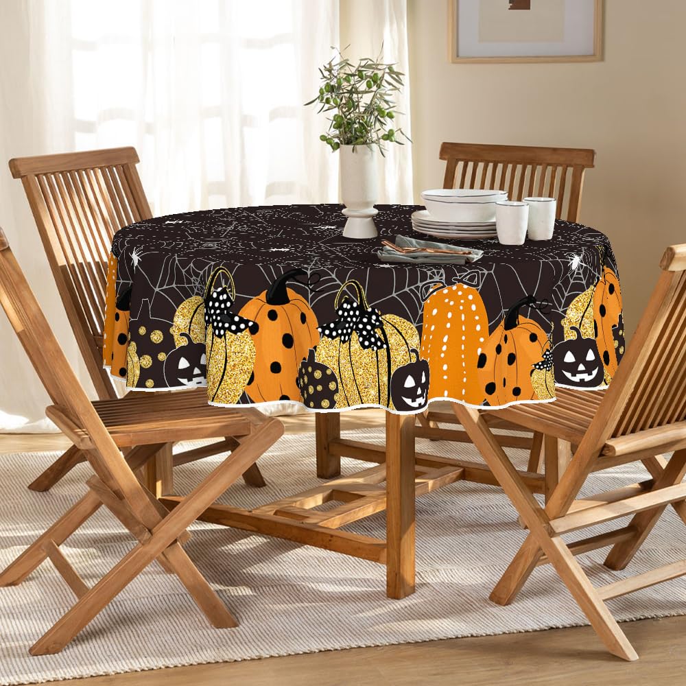 Horaldaily Halloween Tablecloth 70X70 Inch Round, Jack-O-Lantern Pumpkin Cobweb Scary Themed Black Washable Table Cover For Part