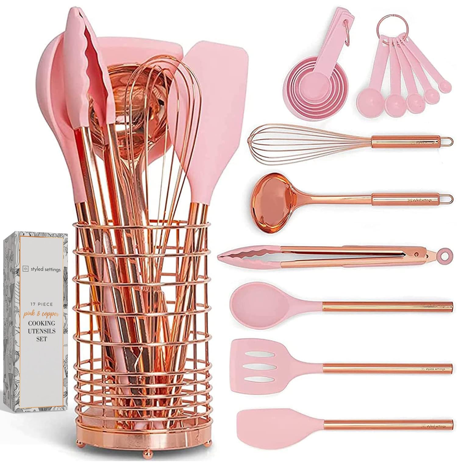 Copper And Pink Kitchen Utensils Set - 17-Piece Silicone Cooking Tools With Copper Utensil Holder And Pink Measuring Cups And Sp