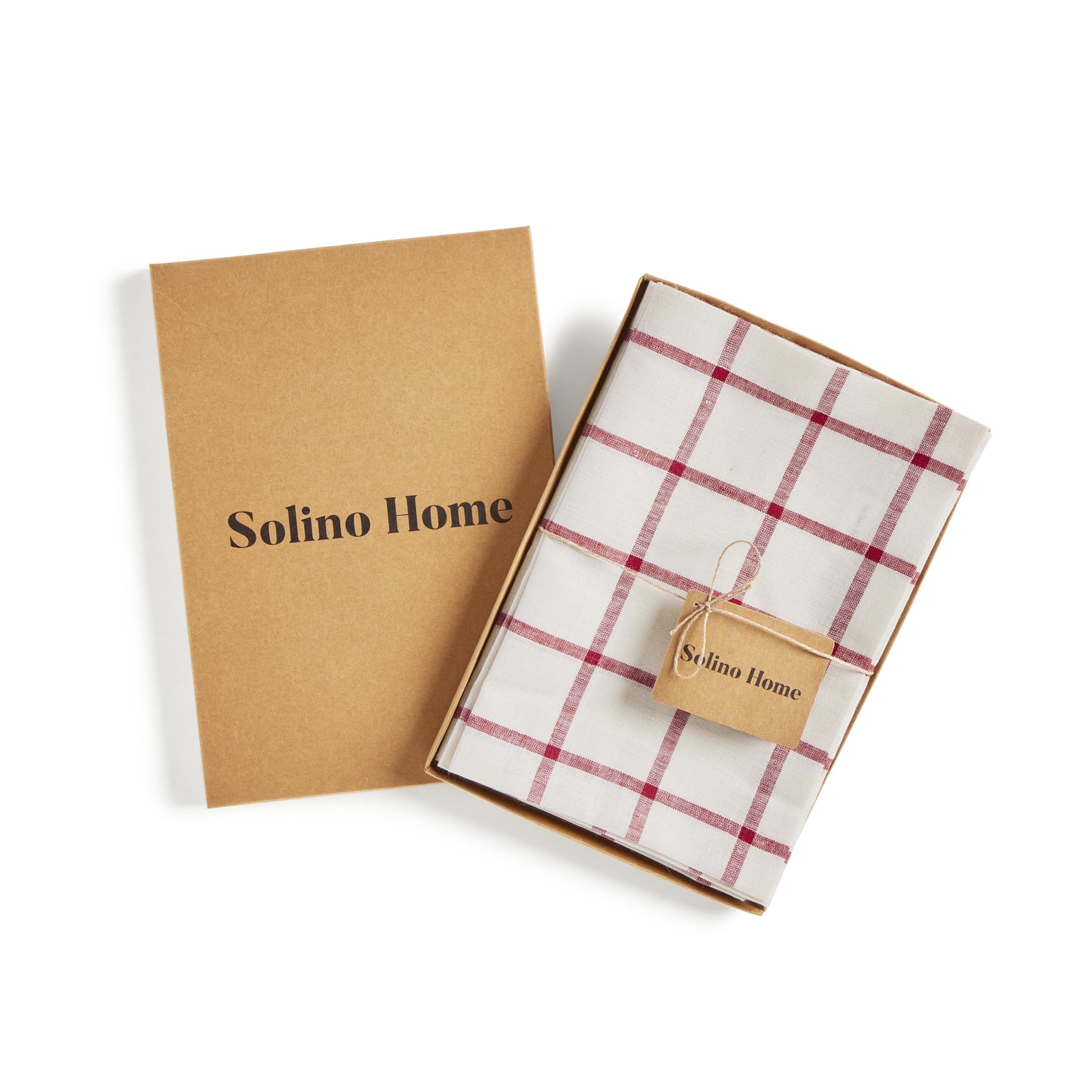 Solino Home Plaid Linen Cloth Napkins Set Of 4-100% Pure Linen Tofu And Red Check Dinner Napkins 20 X 20 Inch - Handcrafted And