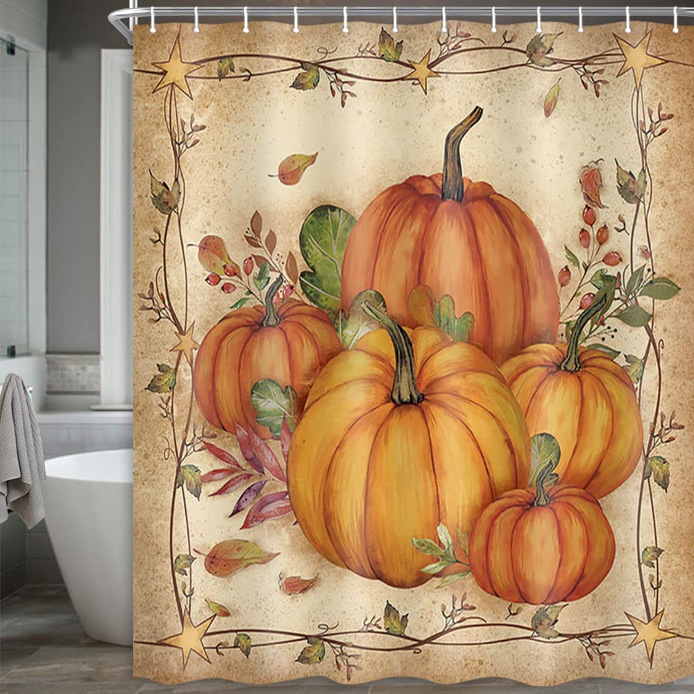 Boziqr Fall Shower Curtains For Bathroom, Autumn Pumpkin Harvest Farmhouse Thanksgiving Halloween Fabric Shower Curtain With Hoo