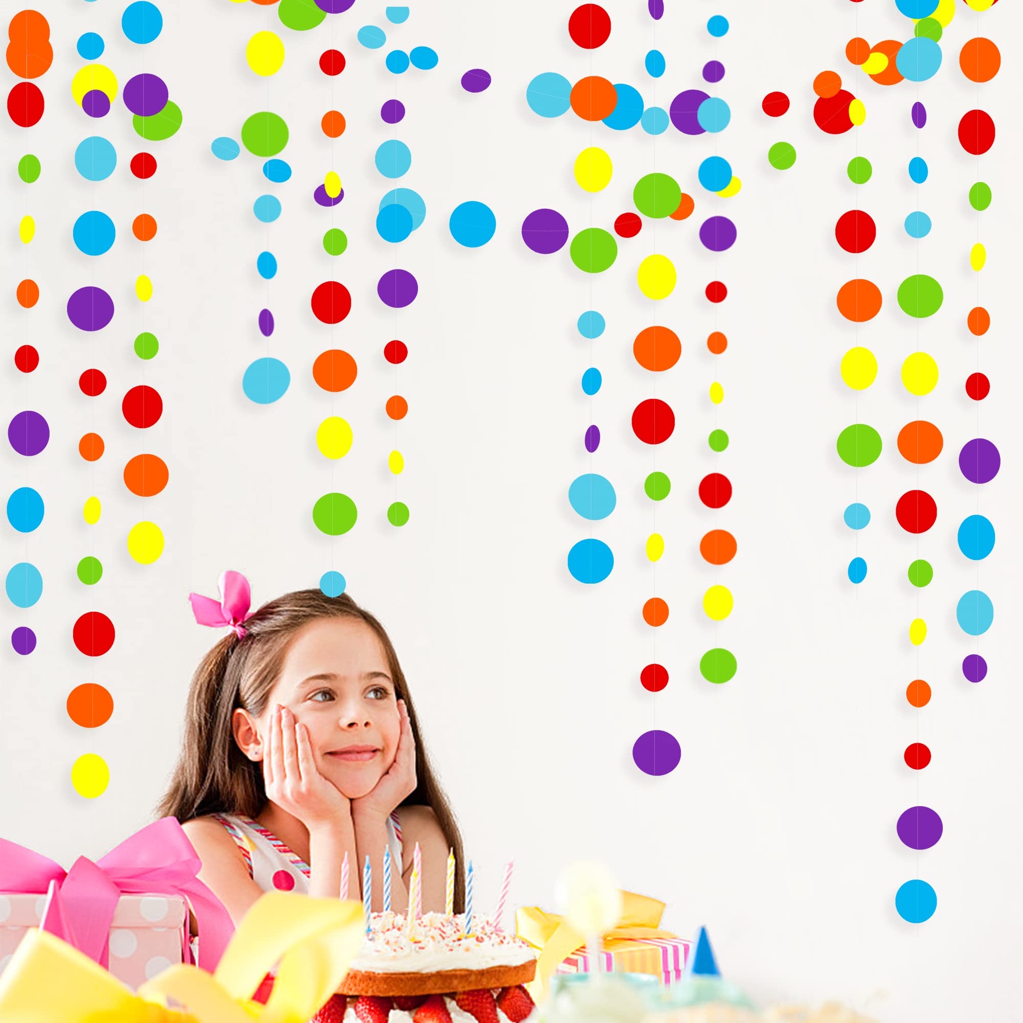 46Ft Rainbow Garland Colorful Circle Dots Hanging Paper Streamer Backdrop Multi Color Polka Dot Banner For Birthday Bachelorette