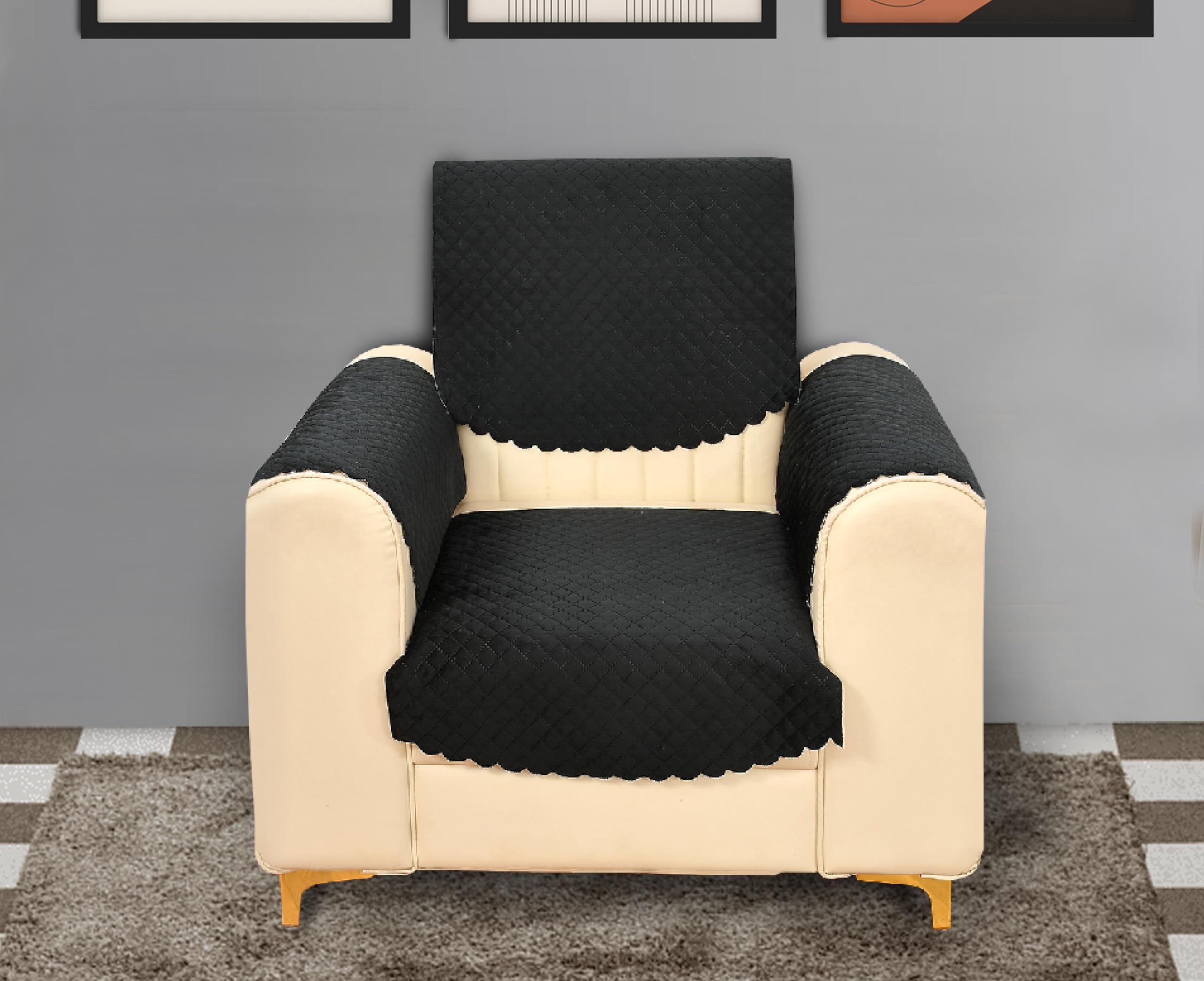Yellow Weaves 1 Seater Self Design Quilted Sofa Chair Cover With Arm Cover, Seat & Back Cover, Color - Black