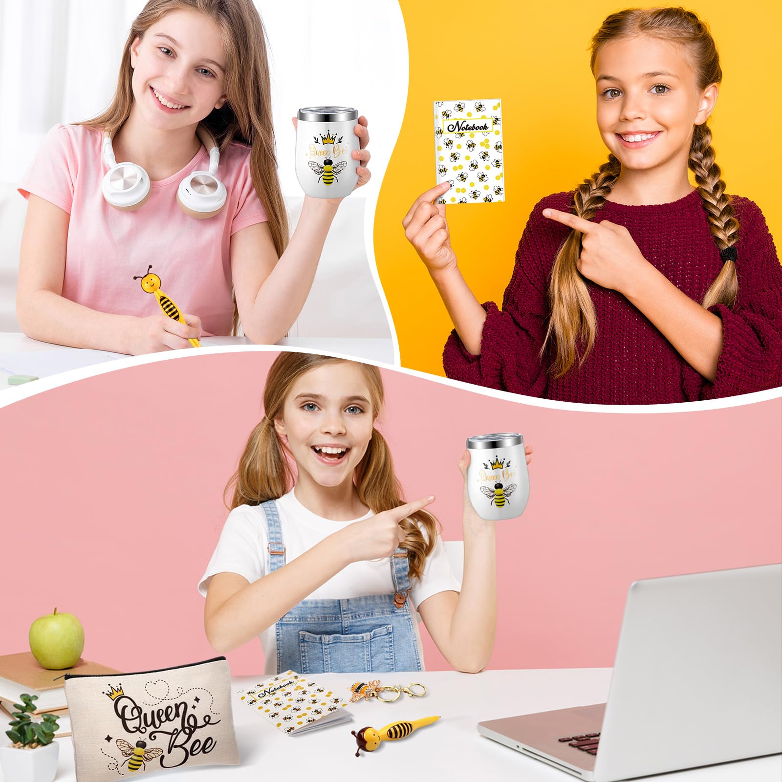 Panitay 6 Pcs Bee Themed Gifts Set For Women Bee Socks Bee Stainless Steel Tumbler 12 Ounce With Straw And Brush Bee Cosmetic Ba