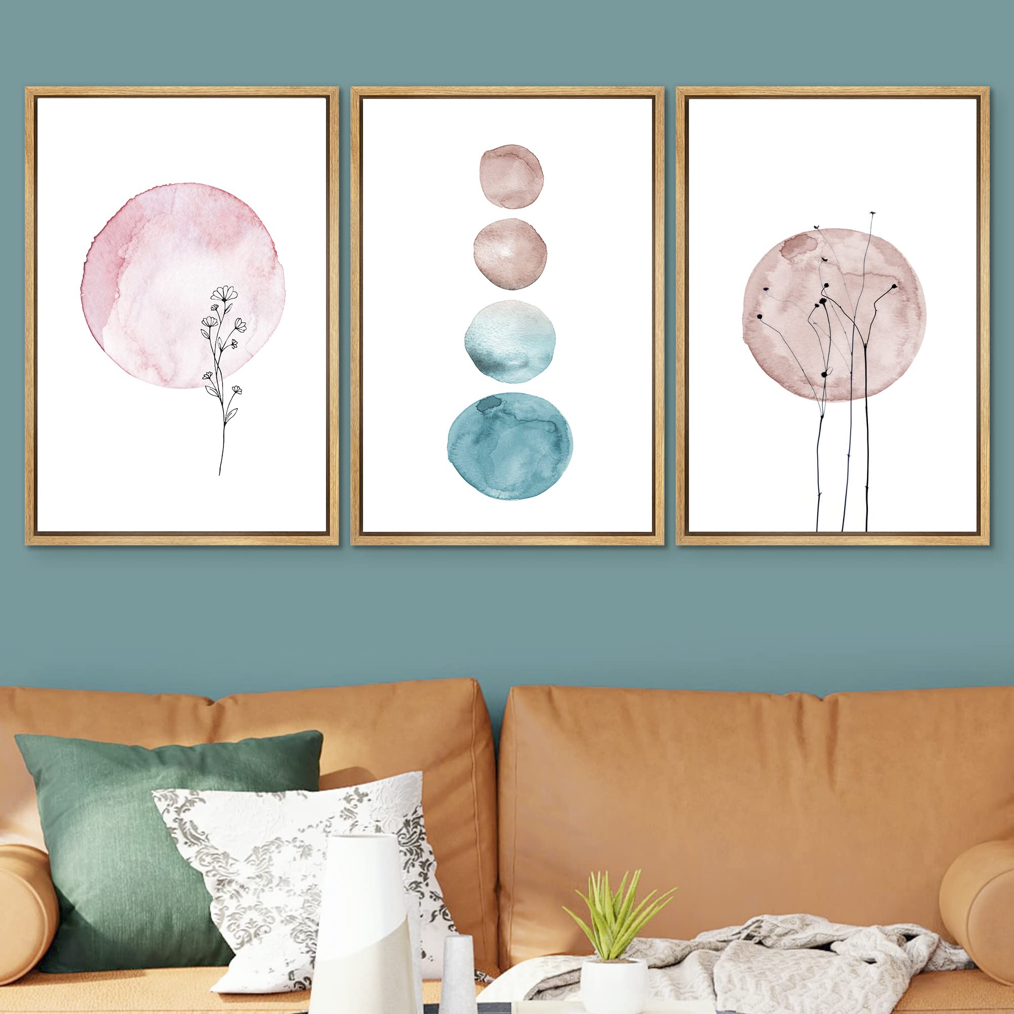 Signwin Framed Canvas Wall Art Teal, Brown And Pink Nature Moon Watercolor Modern Art Farmhouse/Country Relax/Calm Pastel For Li