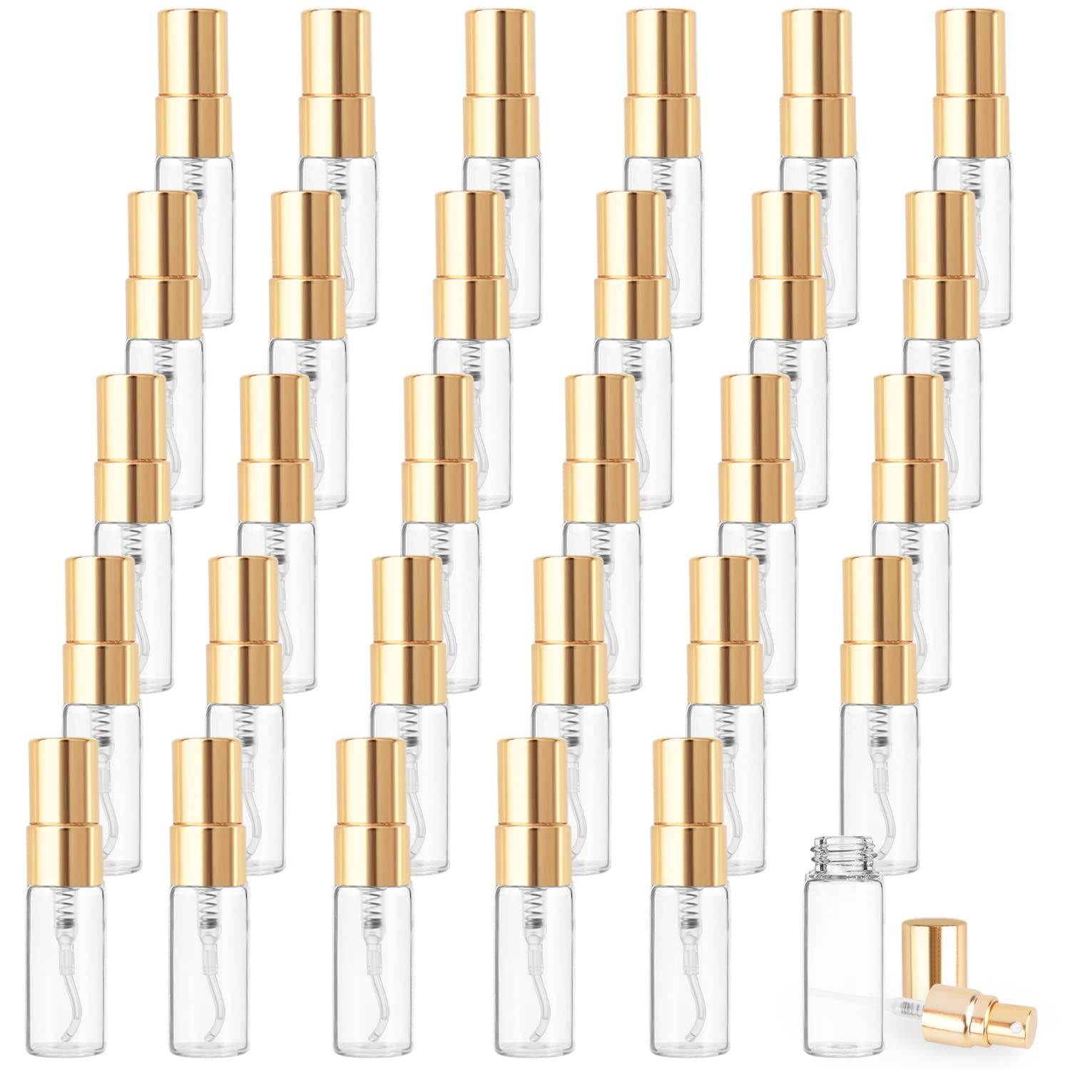 Cositina 30 Pack 3Ml Fine Mist Atomizer Glass Bottle Mini Clear Spray Vials Empty Refillable Perfume Bottles With Gold Lids For