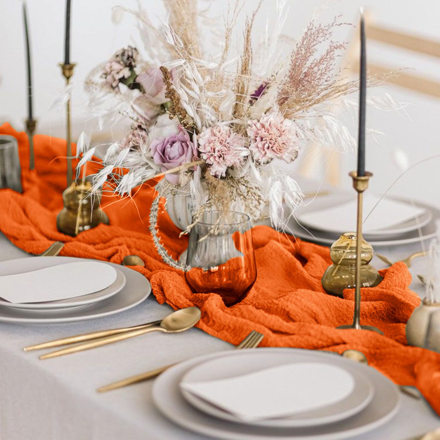 Fanproms Orange Cheesecloth Table Runner 2 Pcs 10Ft Halloween Gauze Table Runner For Fall Autumn Table Supply Vintage Cheese Clo