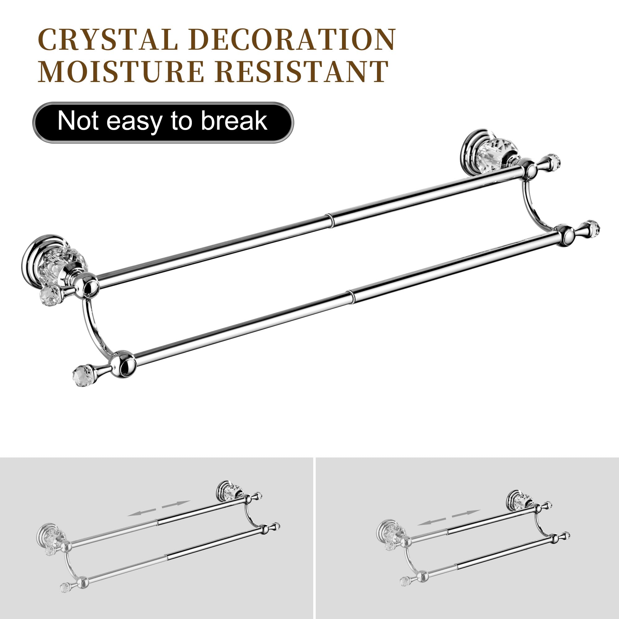 Chrome Double Towel Rack,Adjustable Towel Holder Silver Crystal Bathroom Towel Bar