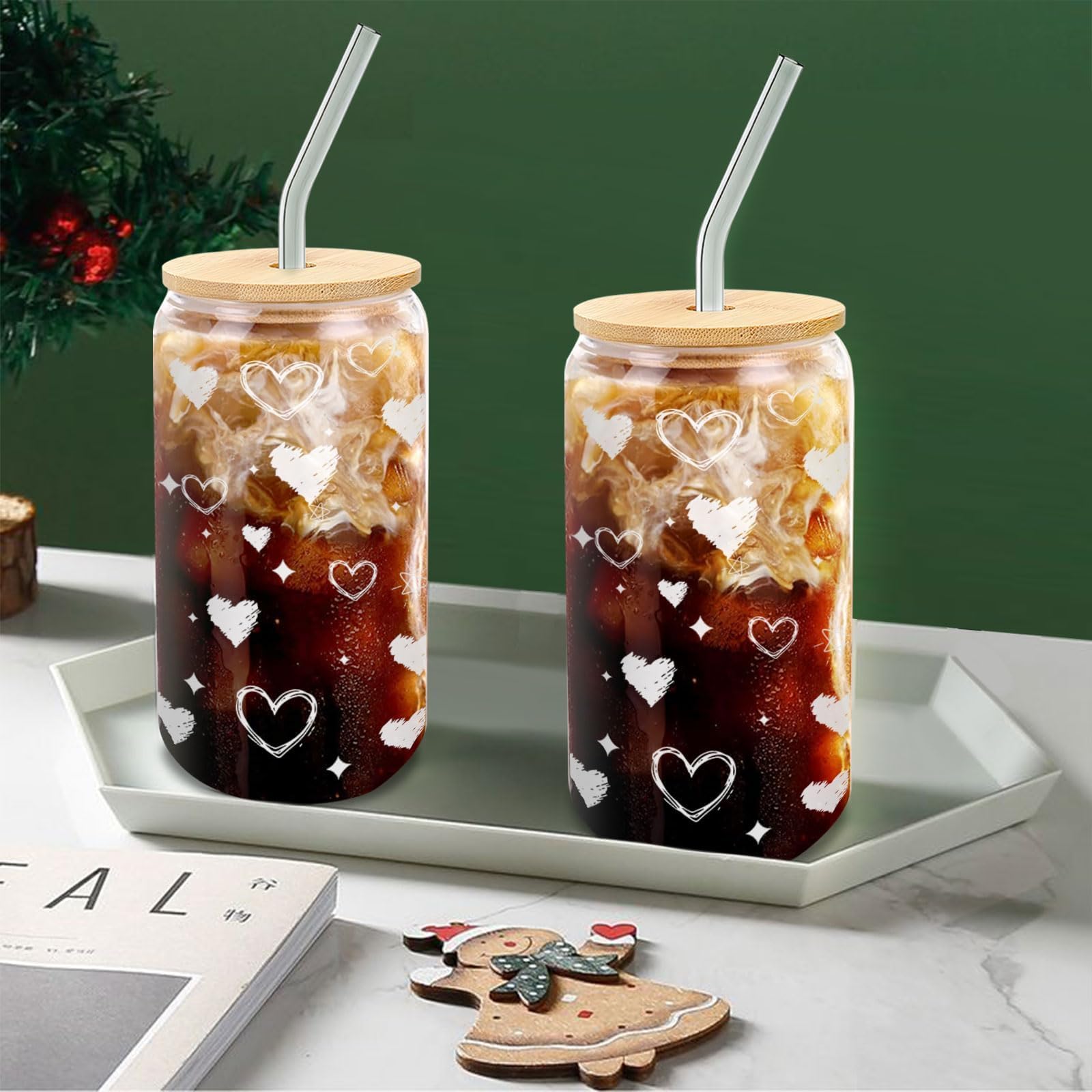 Glass Cups with Lids and Straws - 2 Pack 16oz Heart Tumblers with Bamboo Lids and Glass Straws - Cute Iced Coffee Gift for Girlf