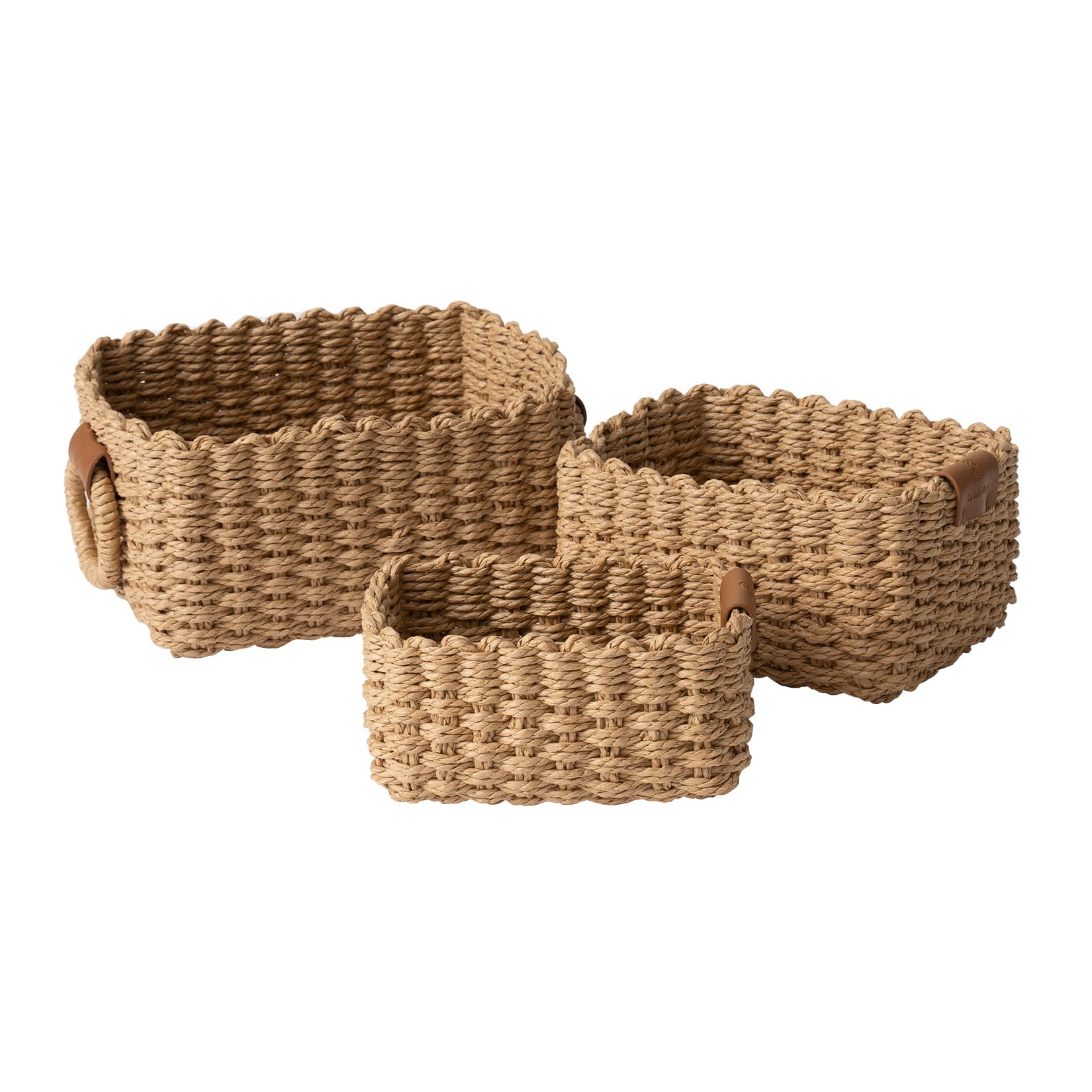 La Jolie Maison Small Sand Wicker Baskets Set Of 3, Paper Rope Storage Baskets With Handle, Small Woven Baskets For Organizing,