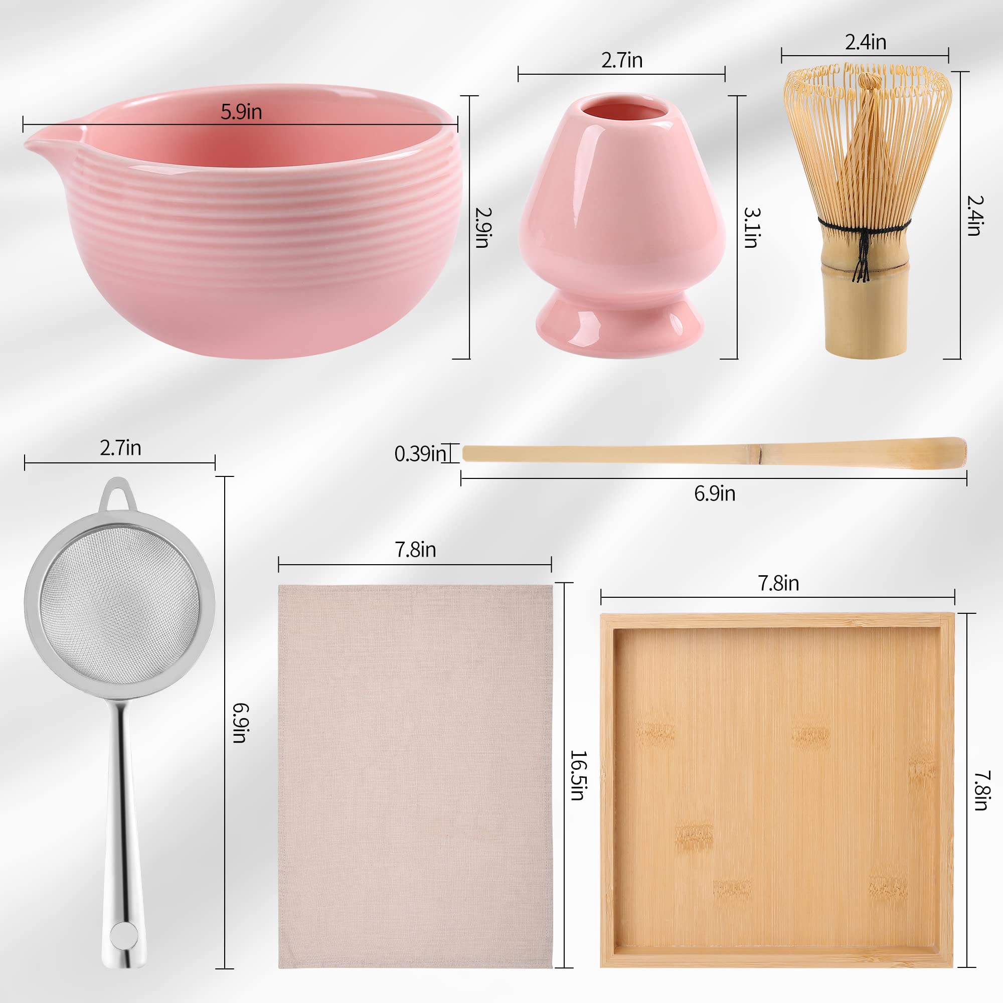 Zenrc Ceremony Pink Matcha Kit - Traditional Bamboo Matcha Whisk (Chasen) Scoop (Chashaku) Chawan Bowl With Pouring Spout Whisk