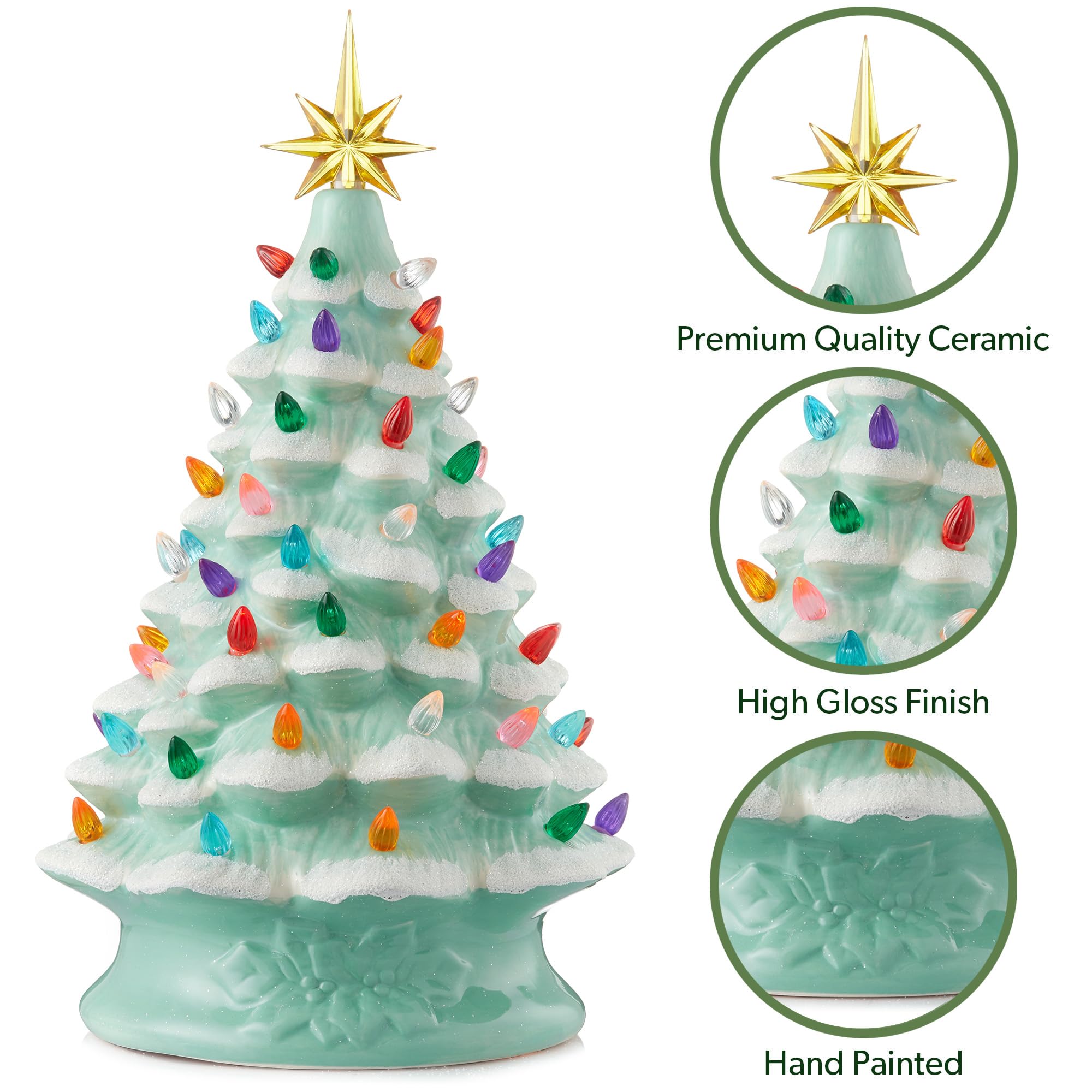 Casafield Hand Painted Ceramic Christmas Tree, Seafoam Green Snow Flocked 15-Inch Pre-Lit Tree with 128 Multi Color Lights and 2
