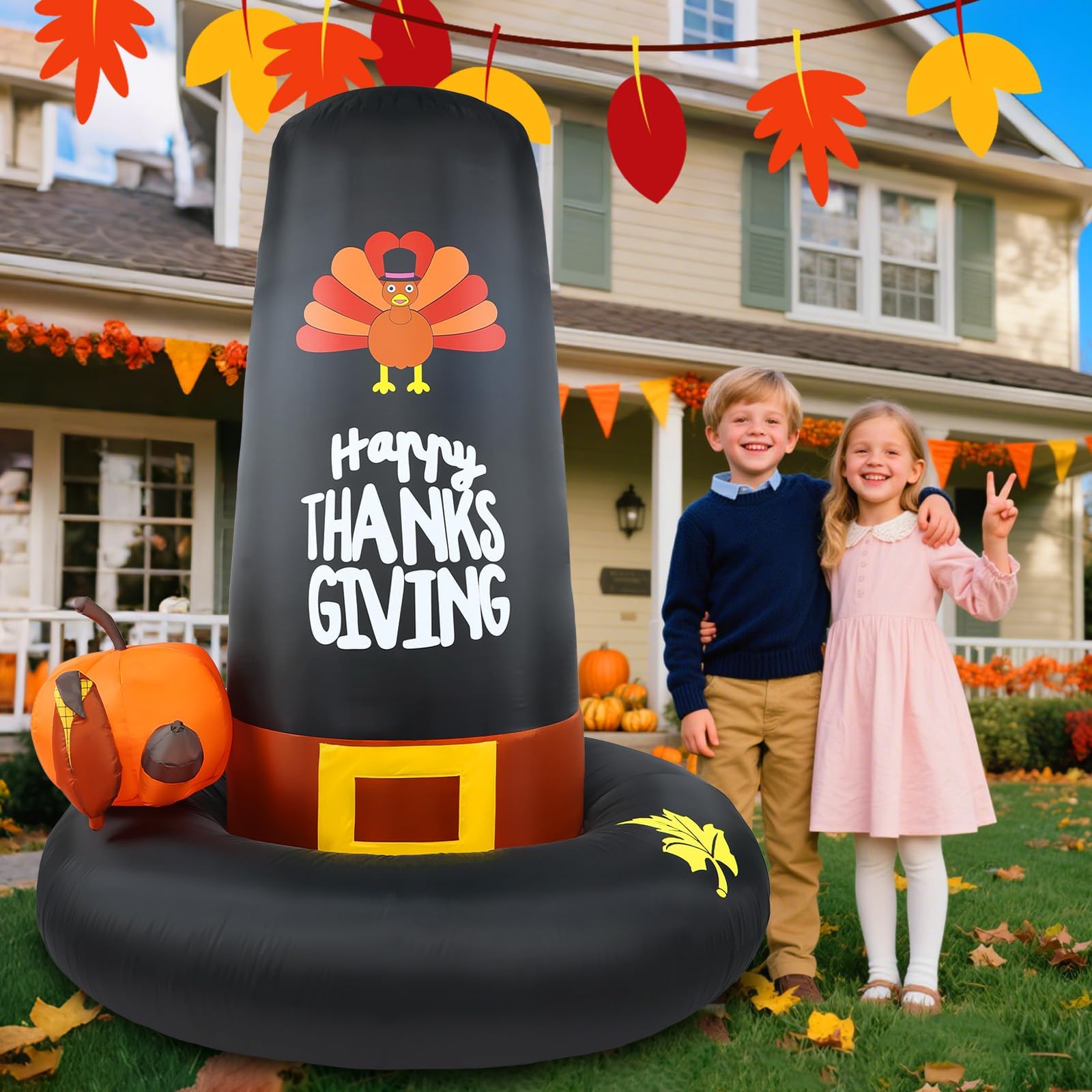 Inflatable Turkey Pilgrim Hat Lawn Decorations Thanksgiving Inflatable Outdoor Yard Decoration 6FT Giant Blow Up with LED Lights