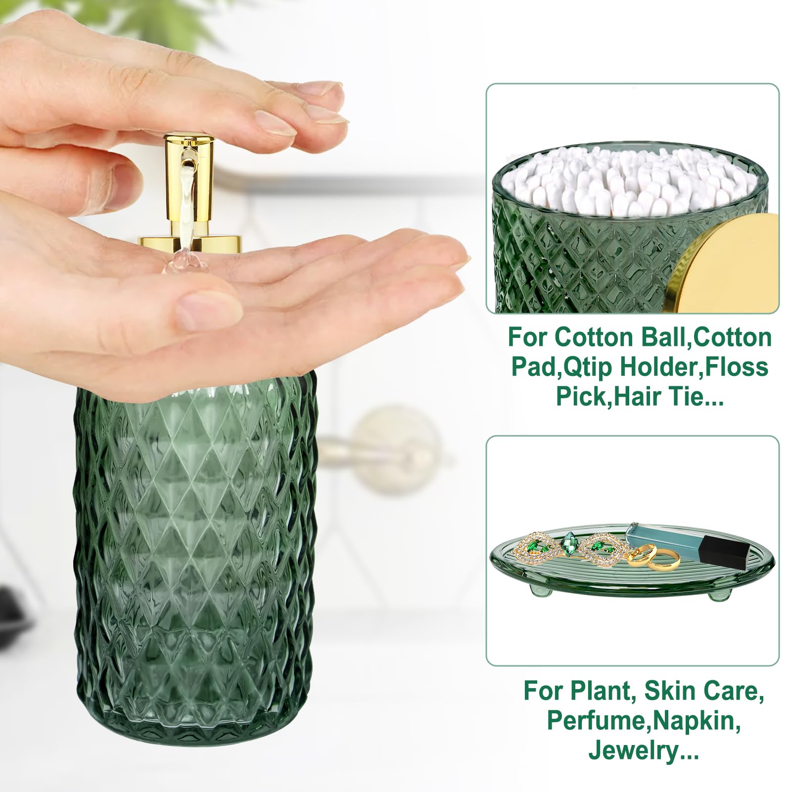 Haturi Bathroom Accessories Set - 4Pcs Glass in Sage Green with Lotion Dispenser, Toothbrush Holder, Qtip Holder, Soap Dish